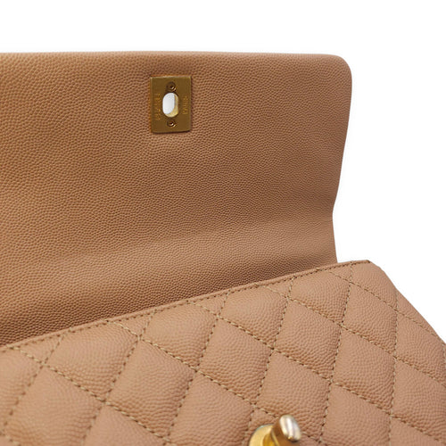 Quilted Coco Handle Small Beige Shoulder Bag in Caviar Leather, Gold hardware