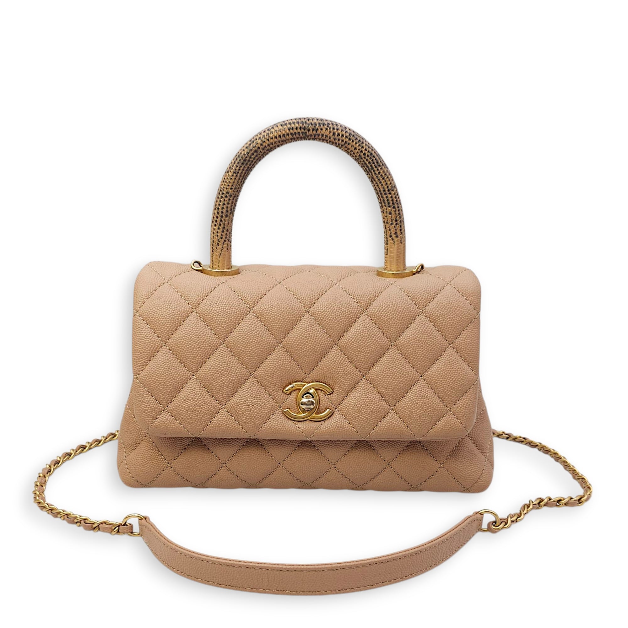 Quilted Coco Handle Small Beige Shoulder Bag in Caviar Leather, Gold hardware