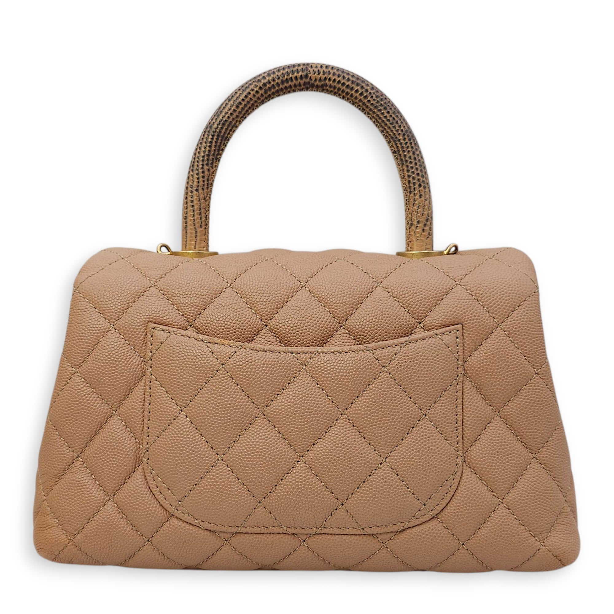 Quilted Coco Handle Small Beige Shoulder Bag in Caviar Leather, Gold hardware