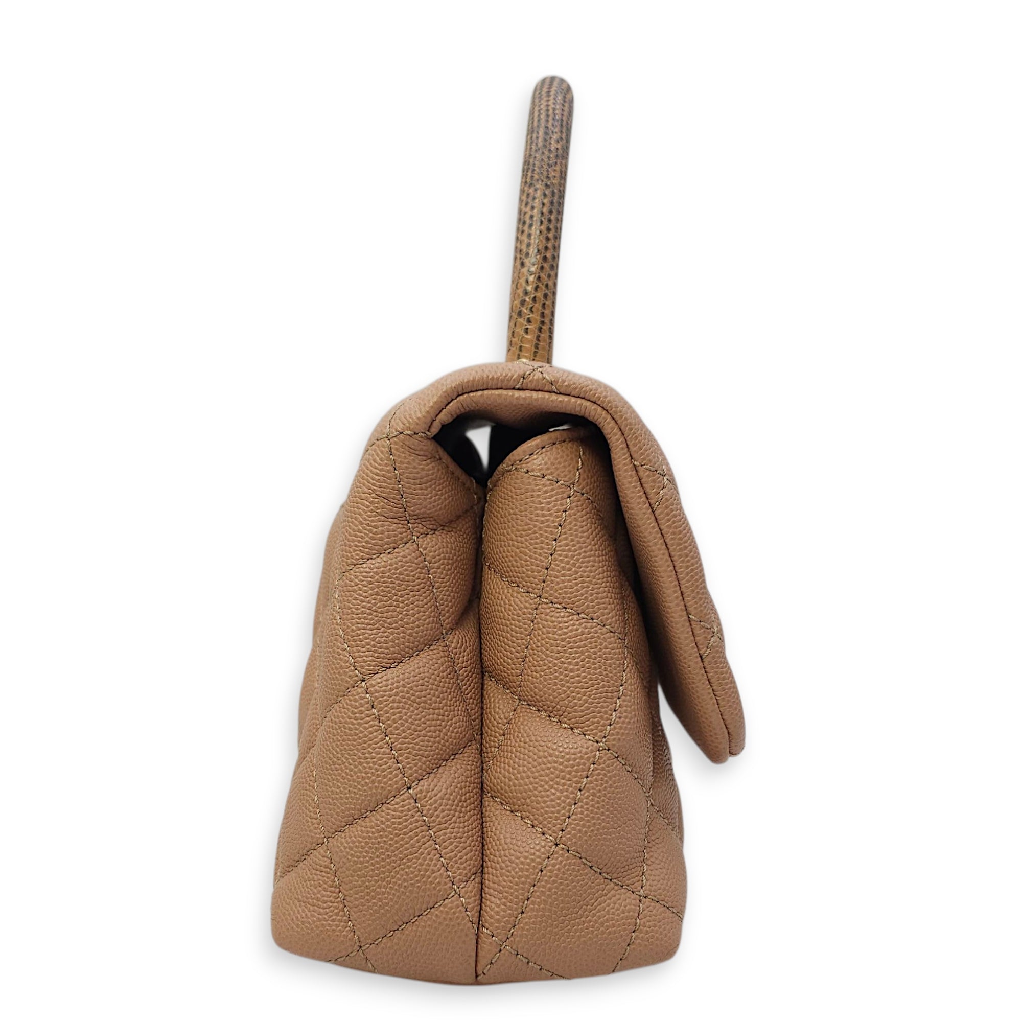 Quilted Coco Handle Small Beige Shoulder Bag in Caviar Leather, Gold hardware