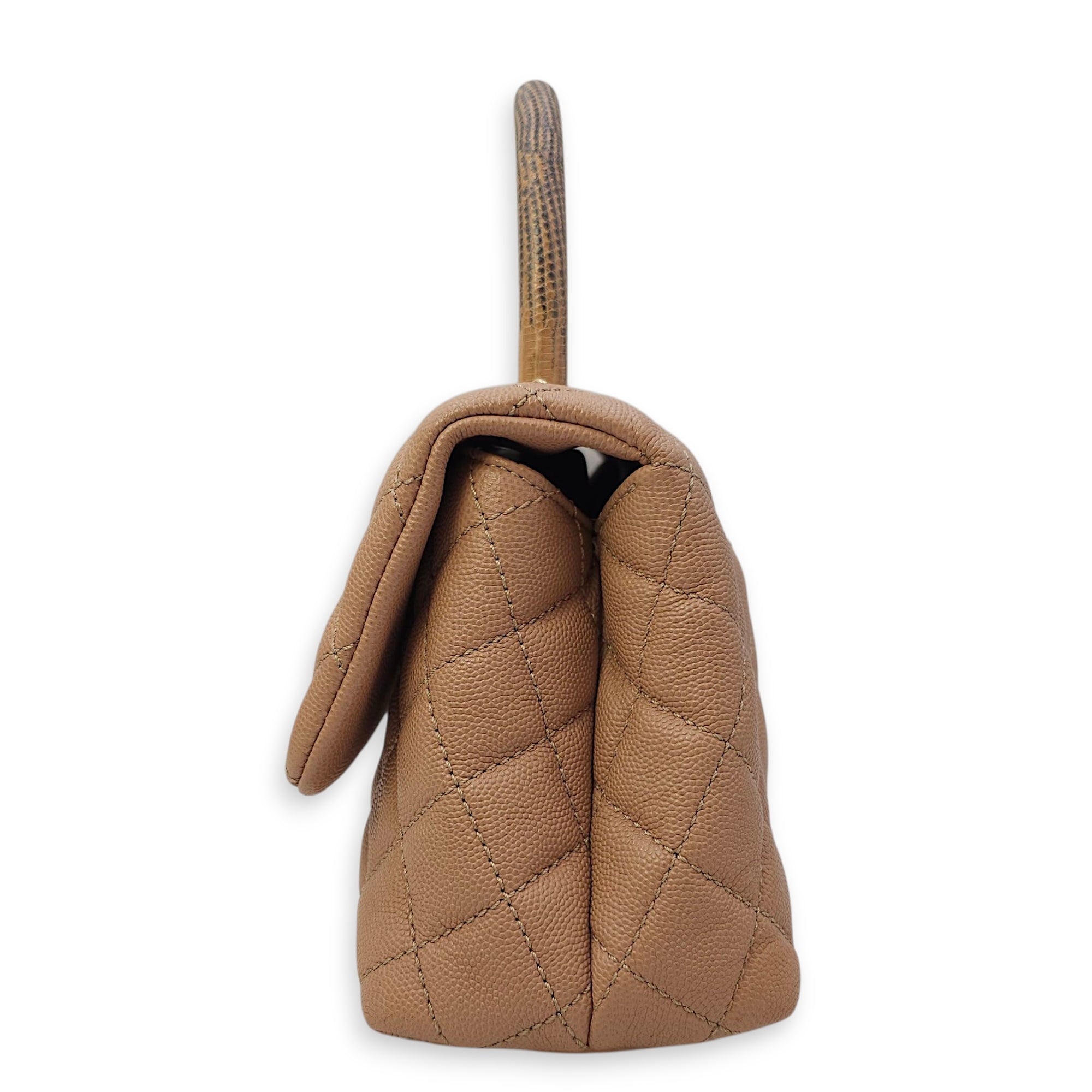 Quilted Coco Handle Small Beige Shoulder Bag in Caviar Leather, Gold hardware