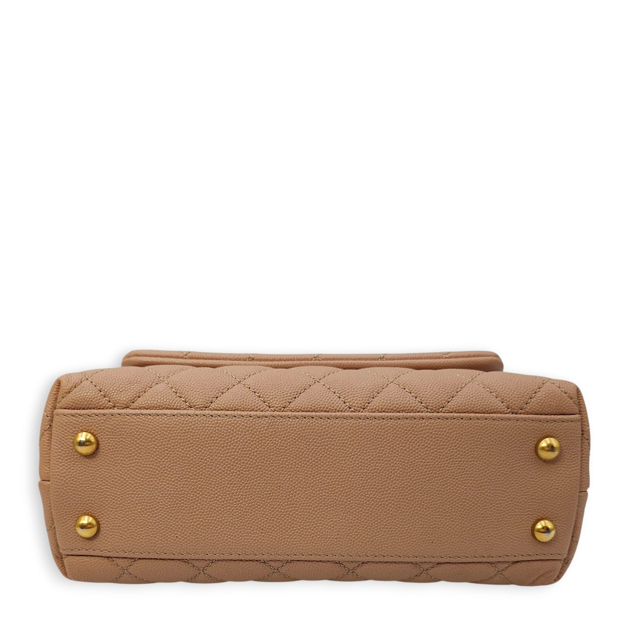 Quilted Coco Handle Small Beige Shoulder Bag in Caviar Leather, Gold hardware