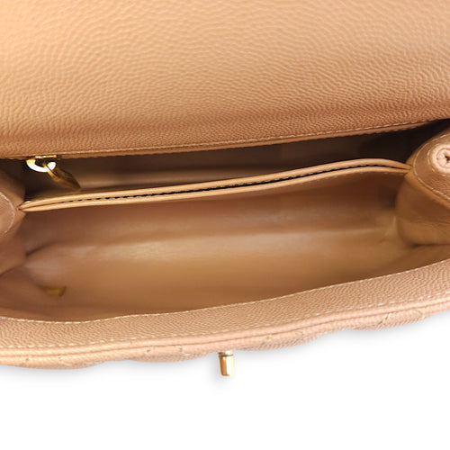Quilted Coco Handle Small Beige Shoulder Bag in Caviar Leather, Gold hardware