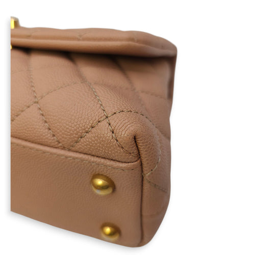 Quilted Coco Handle Small Beige Shoulder Bag in Caviar Leather, Gold hardware