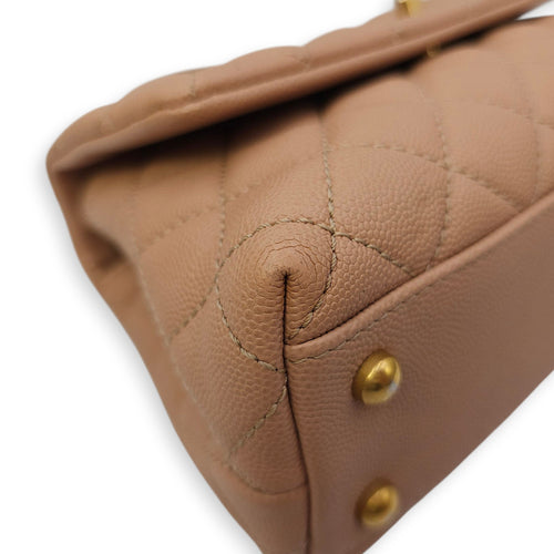 Quilted Coco Handle Small Beige Shoulder Bag in Caviar Leather, Gold hardware