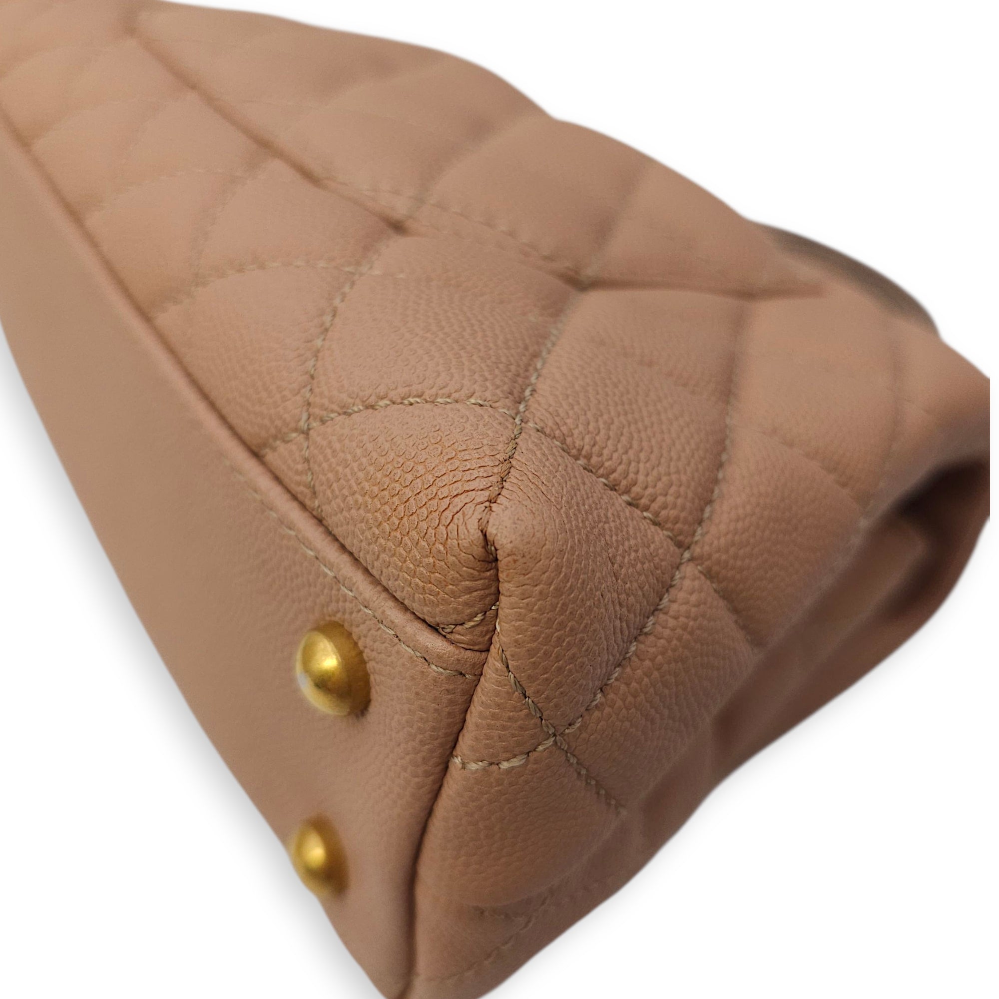 Quilted Coco Handle Small Beige Shoulder Bag in Caviar Leather, Gold hardware