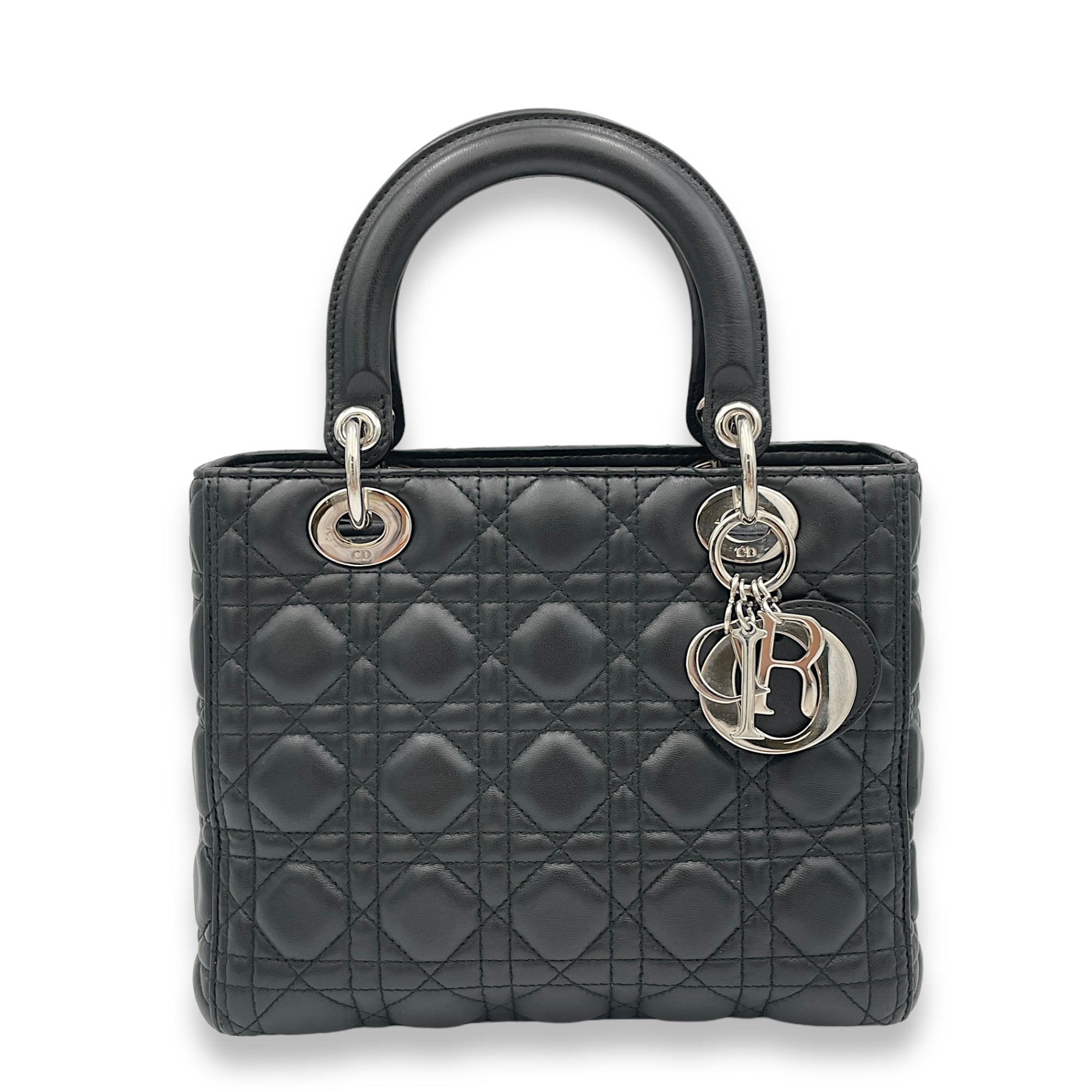 Christian Dior Lady Dior Top Handle Bag Medium Black in Lambskin Silver hardware Singapore