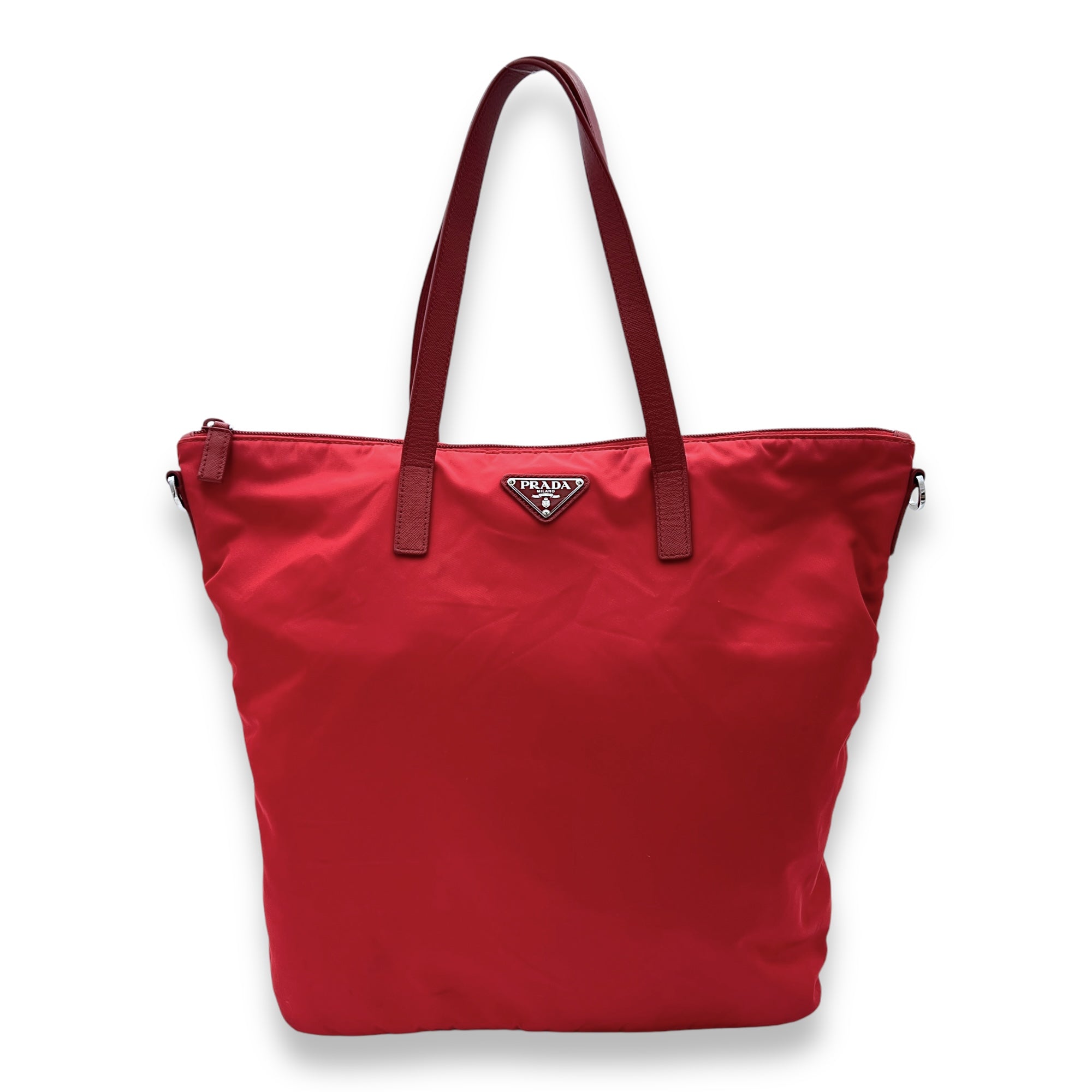 Prada Logo Tote Bag Red in Nylon Silver hardware Singapore