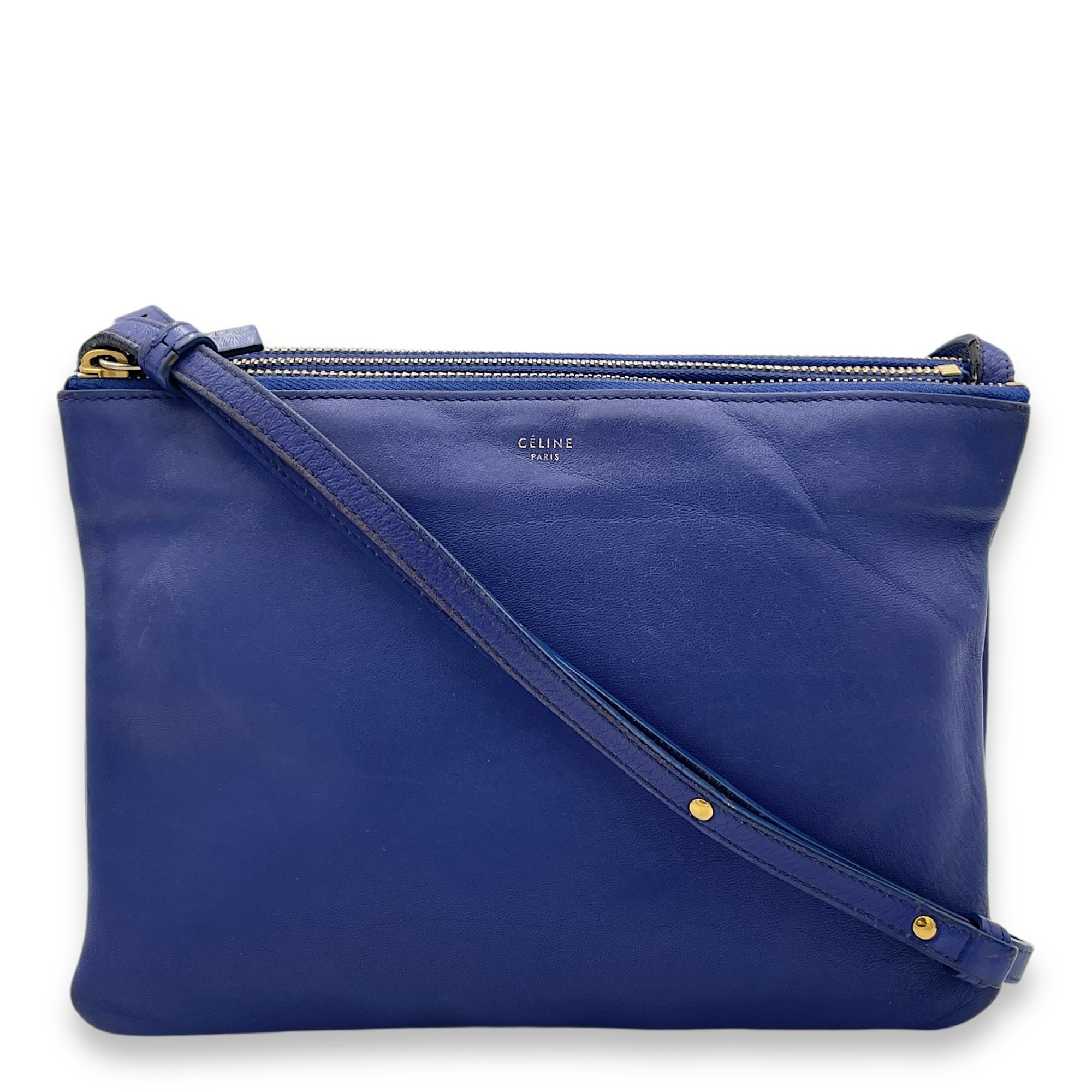 Trio Large Blue Crossbody Bag in Lambskin Gold hardware