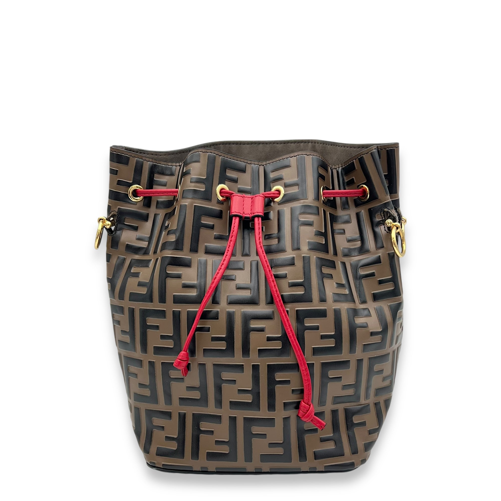 Fendi Mon Tresor FF Embossed Brown Bucket Bag in Calfskin Gold hardware Singapore