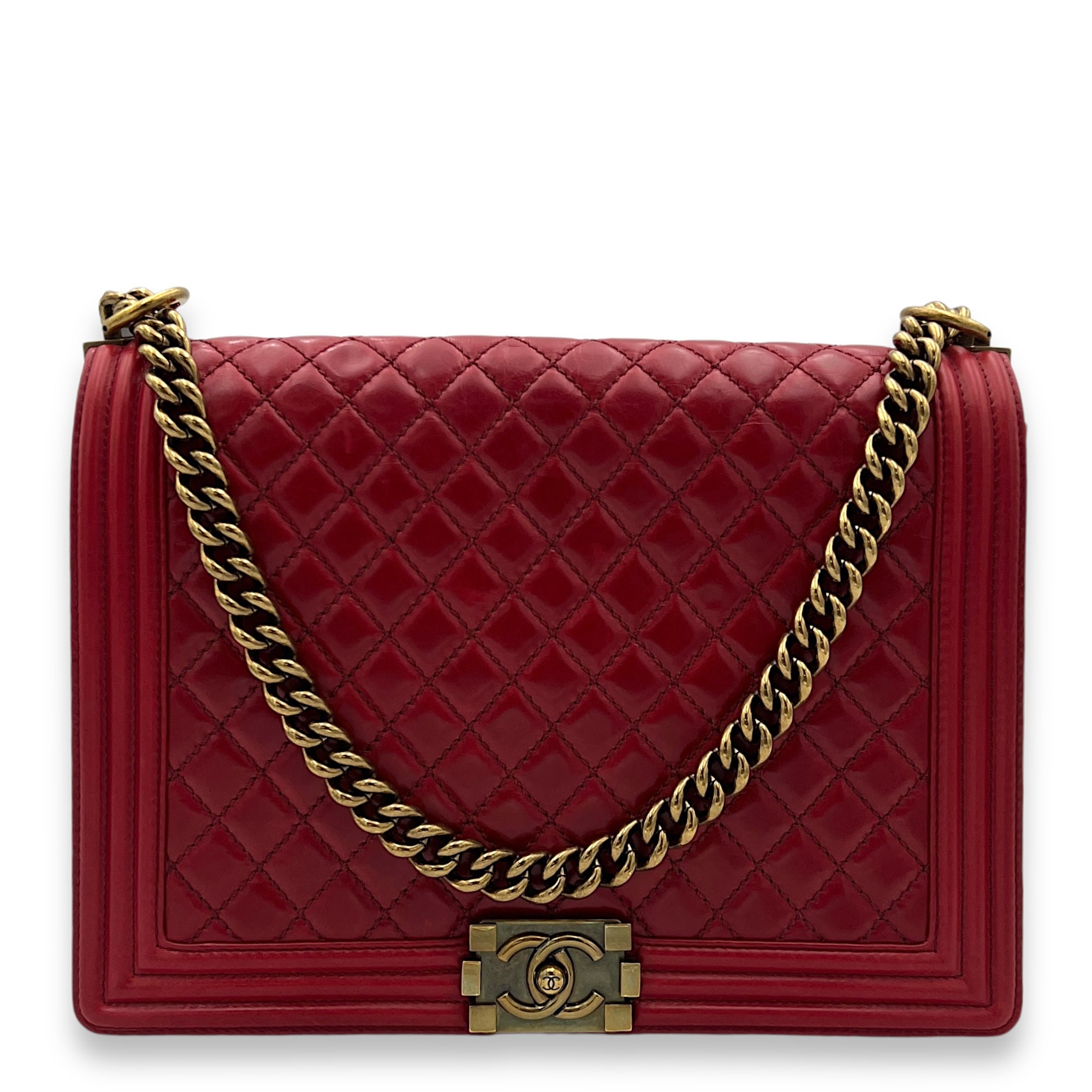 Chanel Boy Shoulder Bag Large Red in Calfskin, Gold hardware Singapore