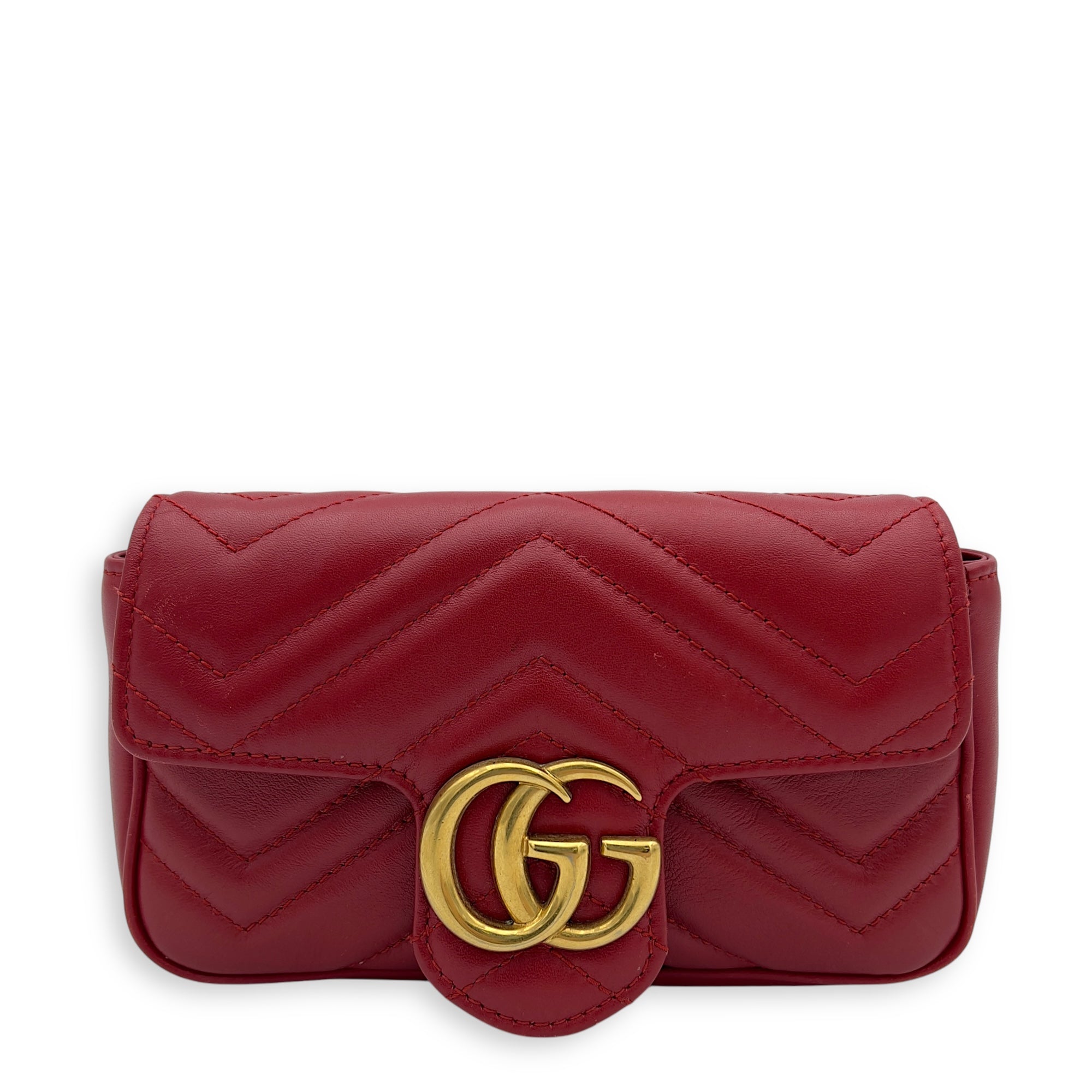 Gucci GG Marmont Super Mini Red Crossbody Bag in Calfskin, Gold
