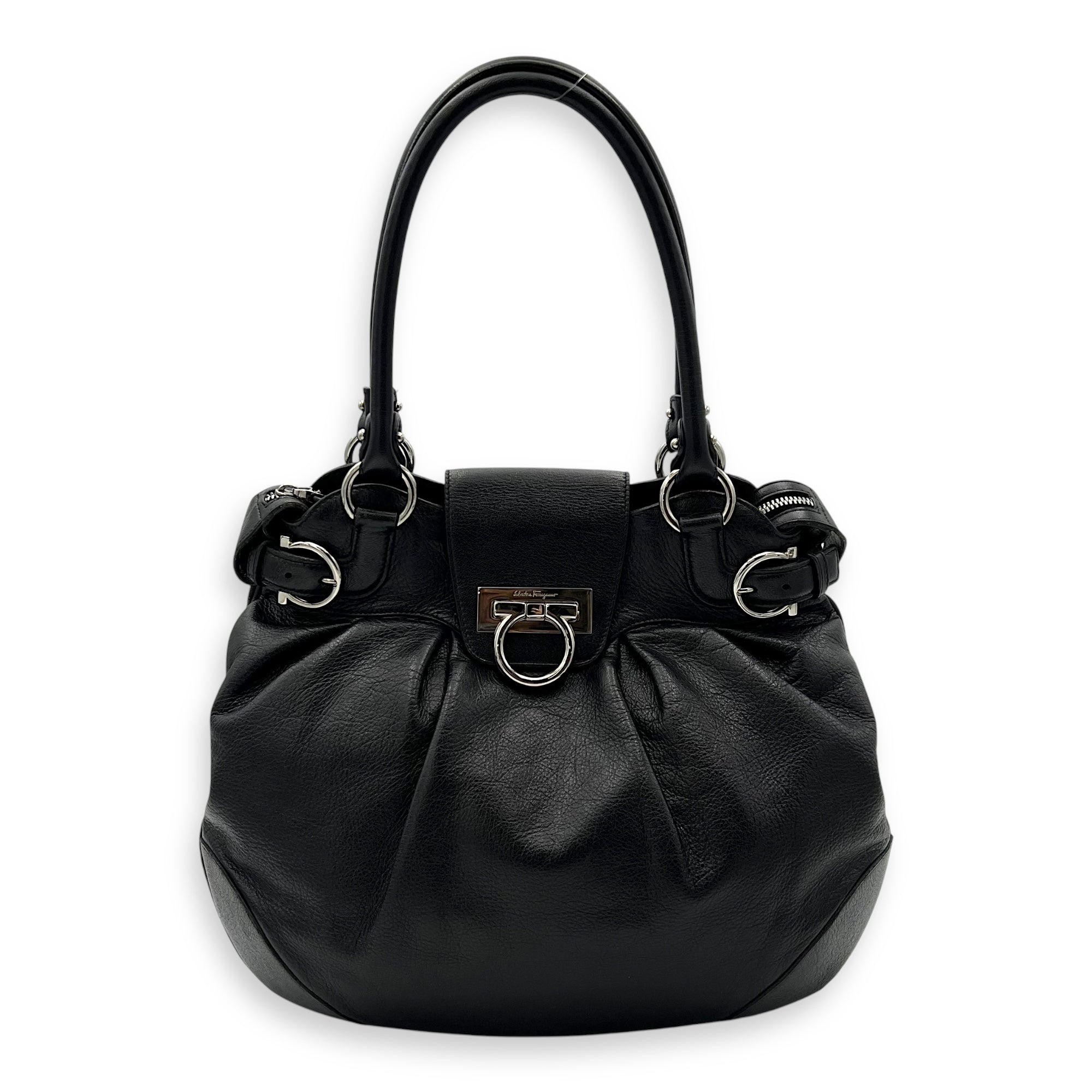 Salvatore Ferragamo Gancini Tote Bag Black in Calfskin, Silver hardware_1