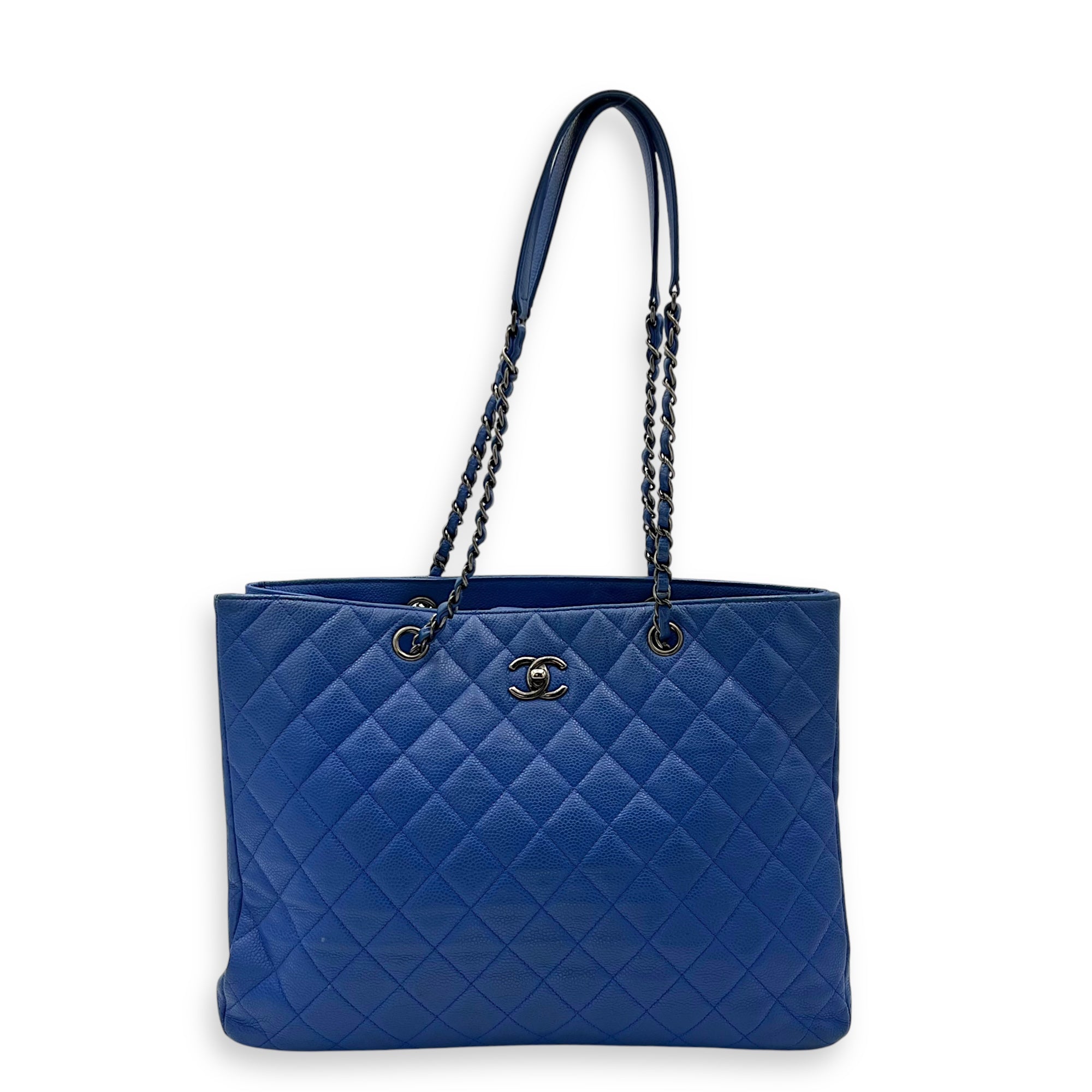 Chanel CC Quilted Blue Tote Bag in Caviar Leather, Ruthenium