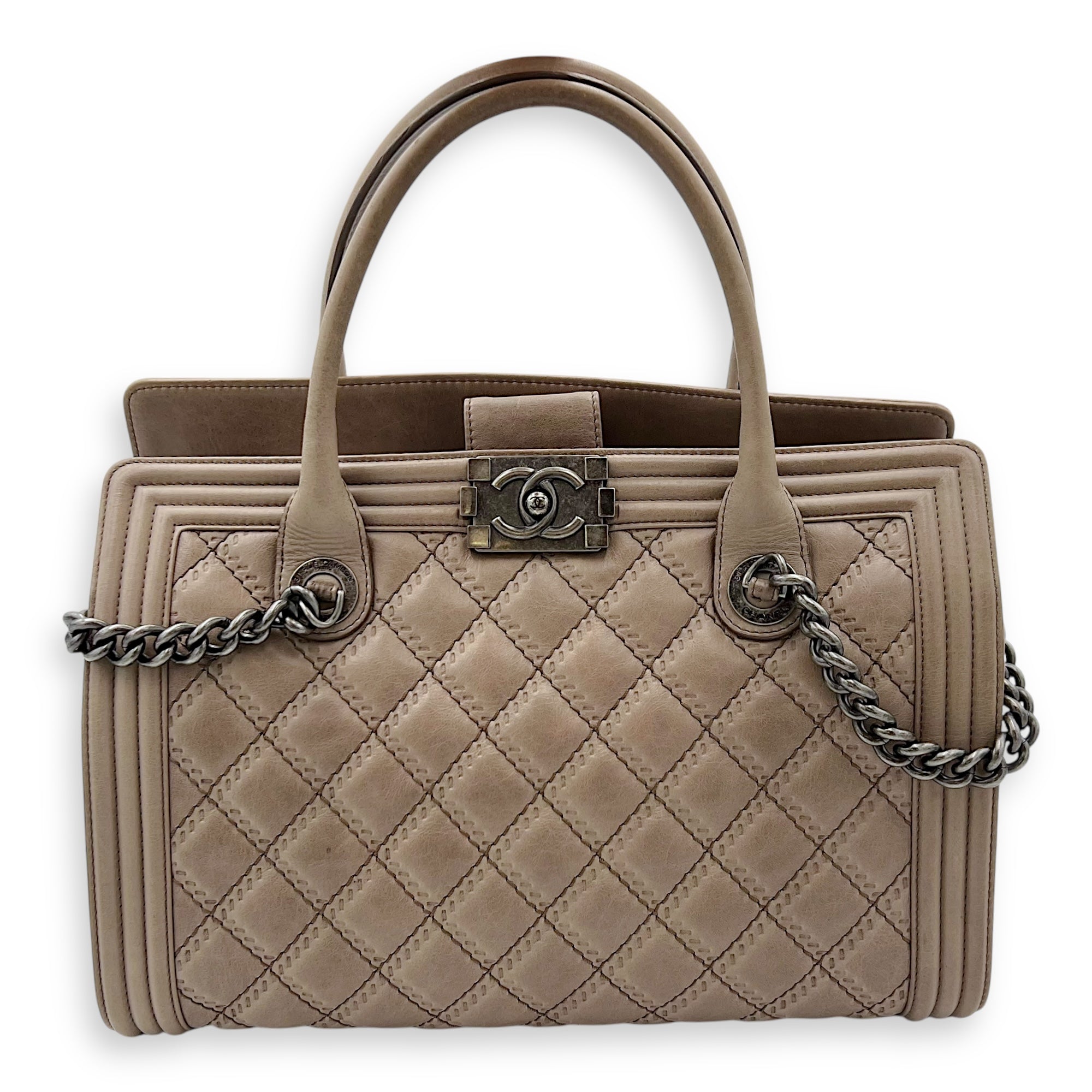 Chanel Boy Top Handle Bag Beige in Calfskin, Gunmetal