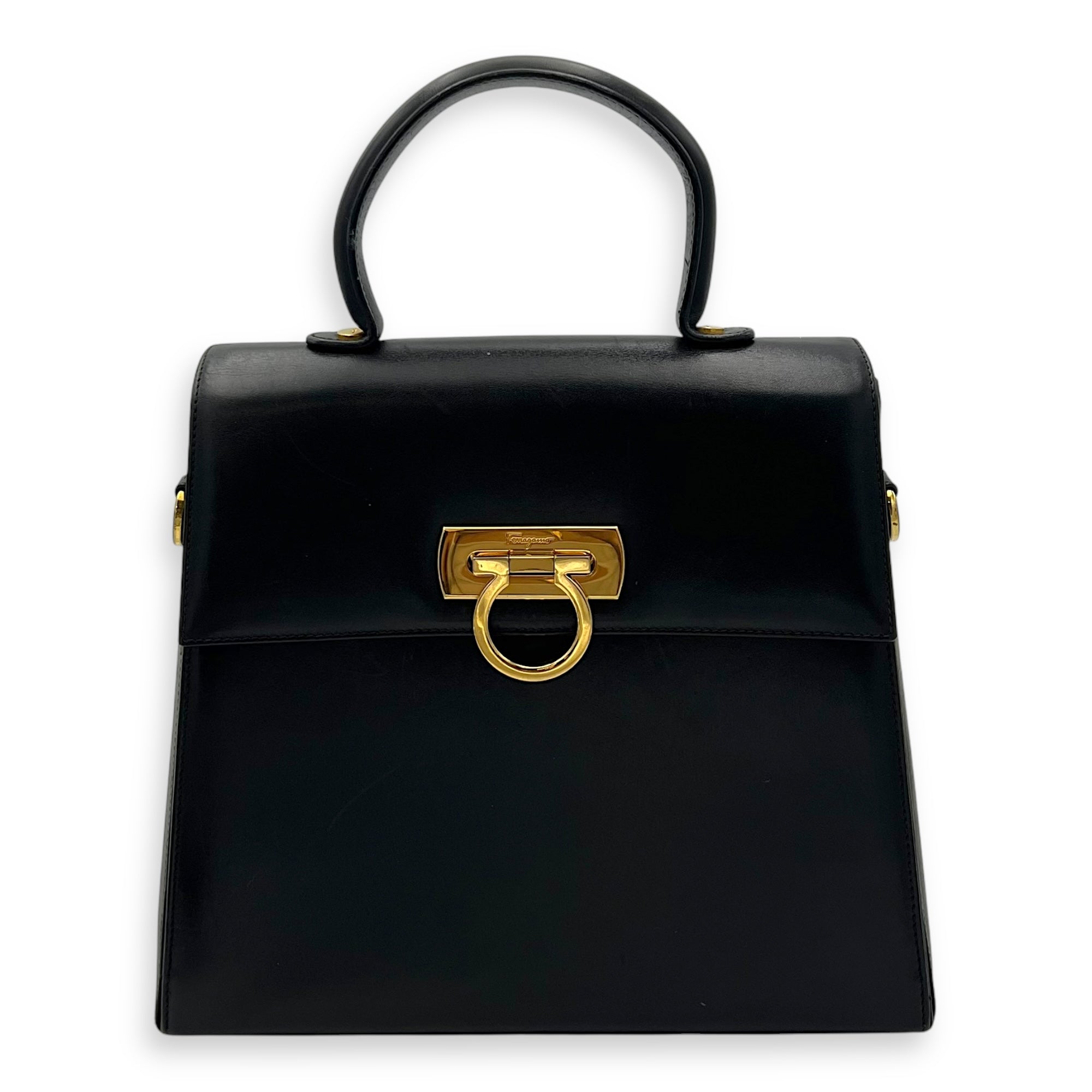 Salvatore Ferragamo Gancini Top Handle Bag Black in Calfskin, Gold hardware_1
