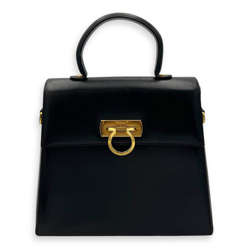 Salvatore Ferragamo Gancini Top Handle Bag Black in Calfskin, Gold hardware_1