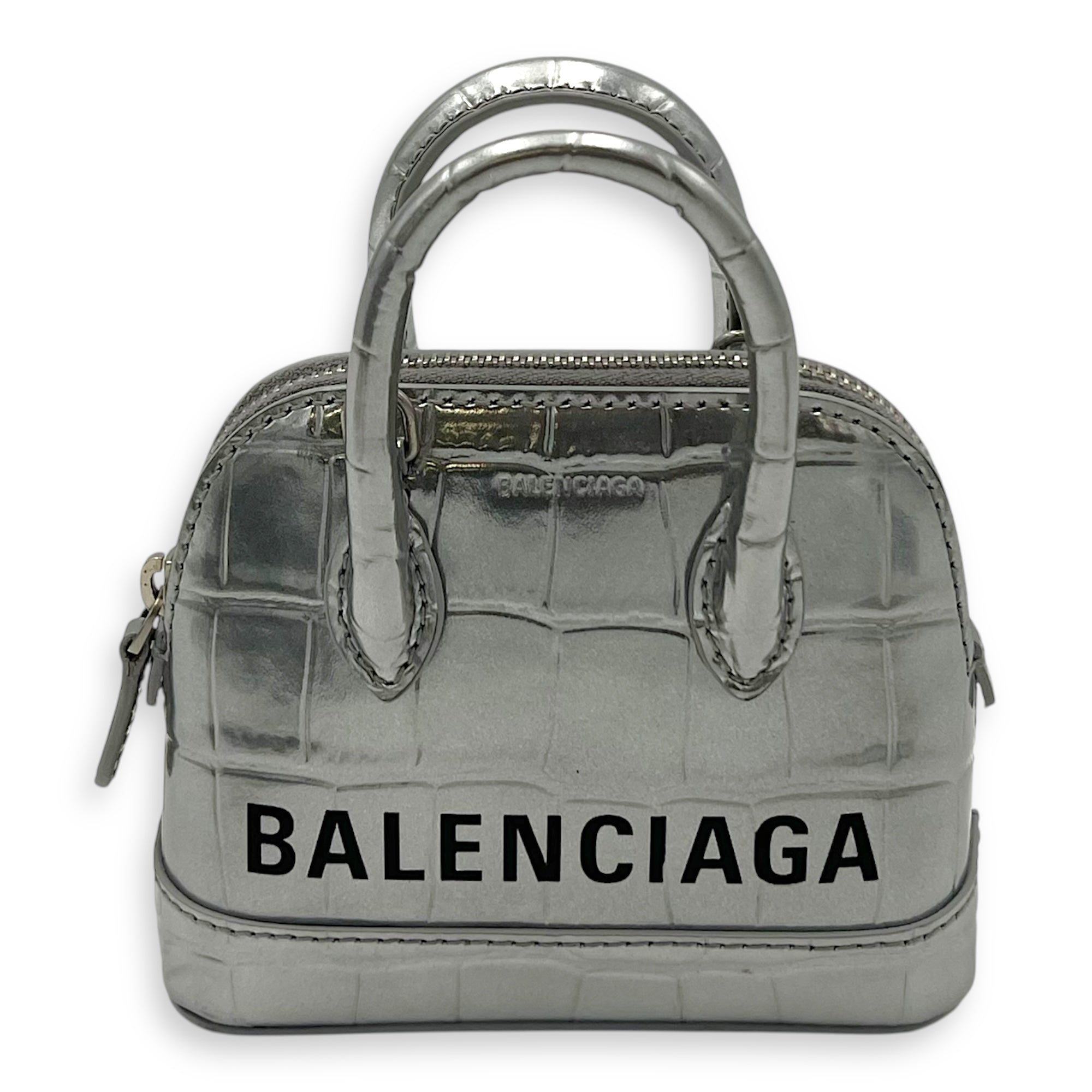 Balenciaga Ville Micro Silver Top Handle Bag in Crocodile Embossed Calfskin, Silver hardware_1