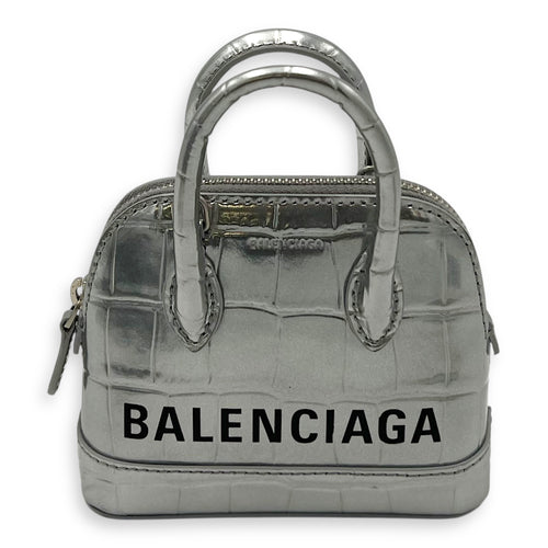 Balenciaga Ville Micro Silver Top Handle Bag in Crocodile Embossed Calfskin, Silver hardware_1