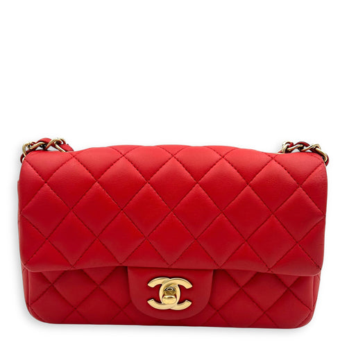 Chanel CC Rectangle  Shoulder Bag Red in Lambskin, Gold hardware_14