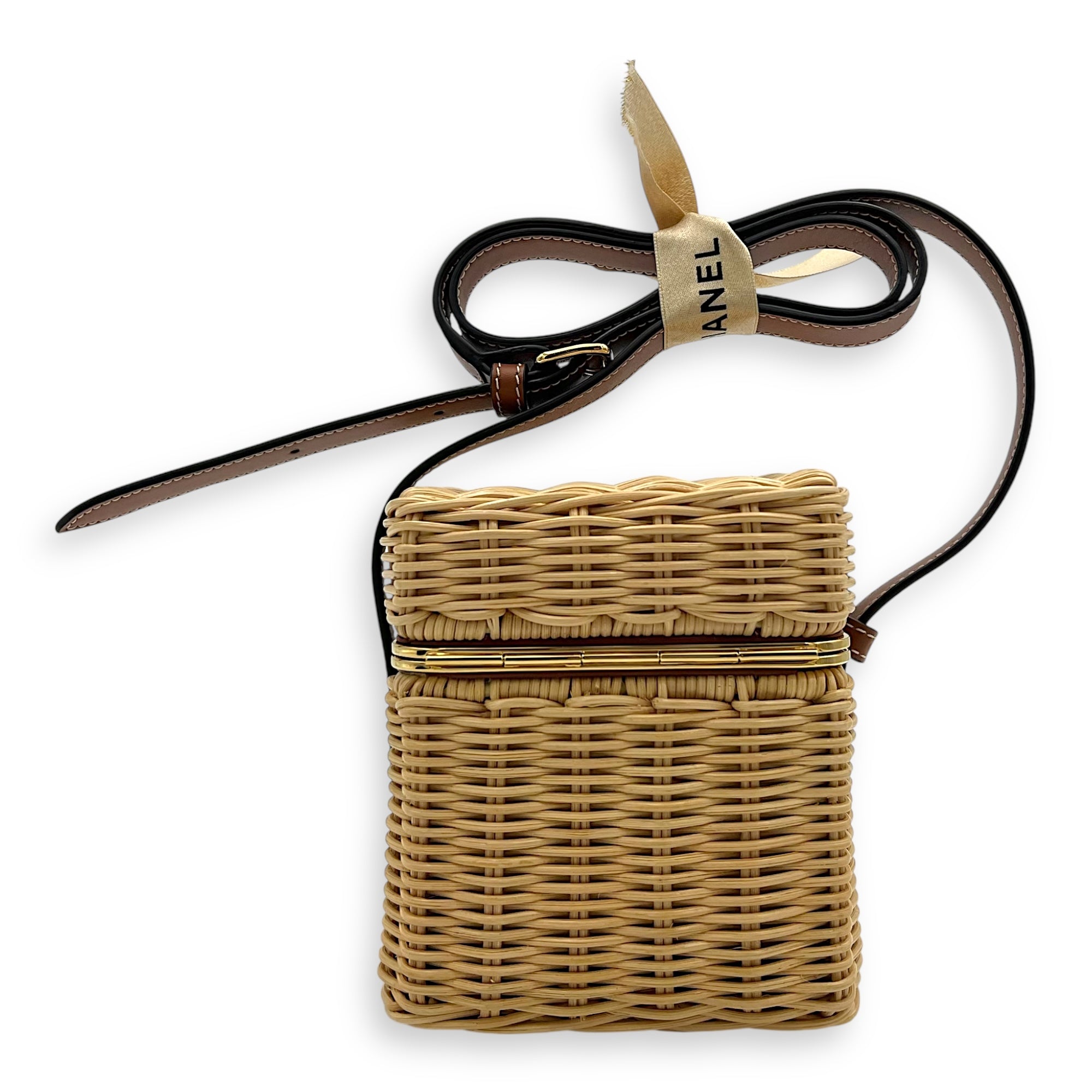 Celine Triomphe Box Shoulder Bag Brown in Rattan, Gold hardware_2