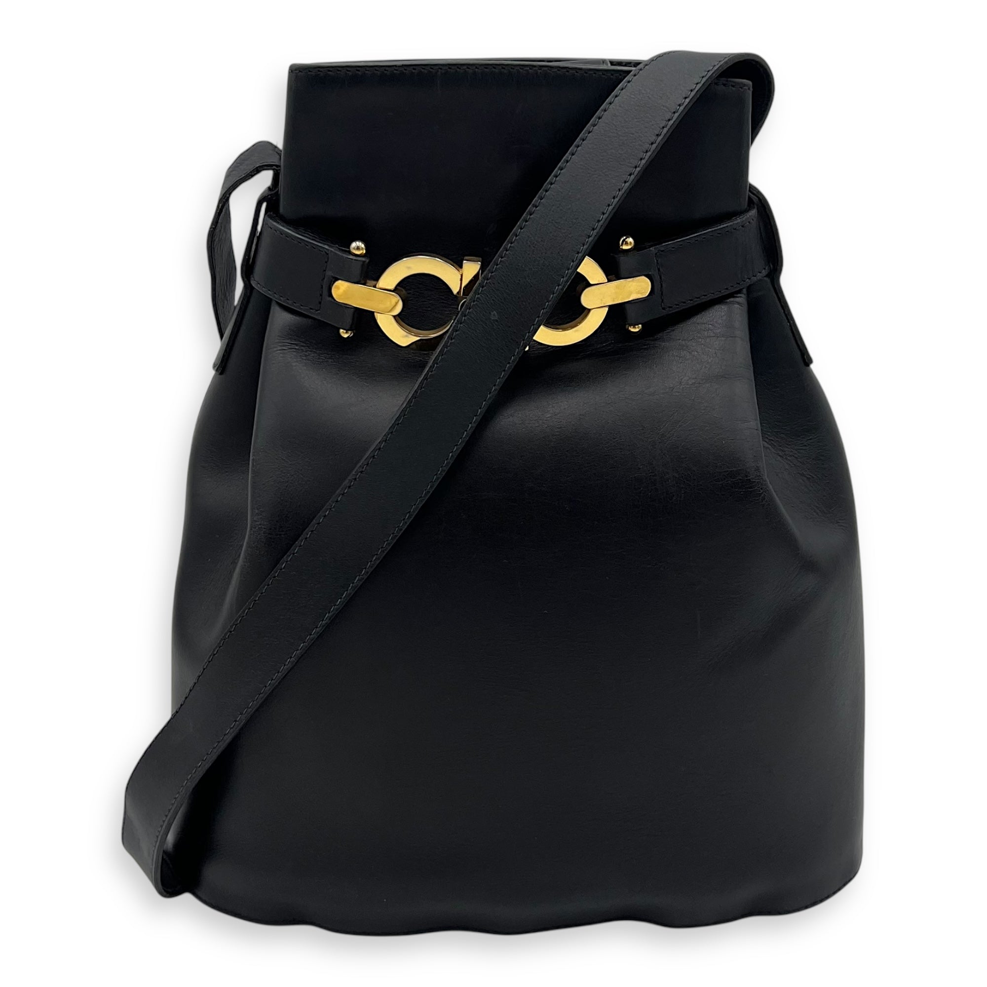 Salvatore Ferragamo Gancini Shoulder Bag Black in Calfskin, Gold hardware_15