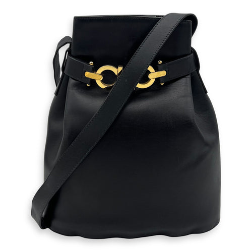 Salvatore Ferragamo Gancini Shoulder Bag Black in Calfskin, Gold hardware_15