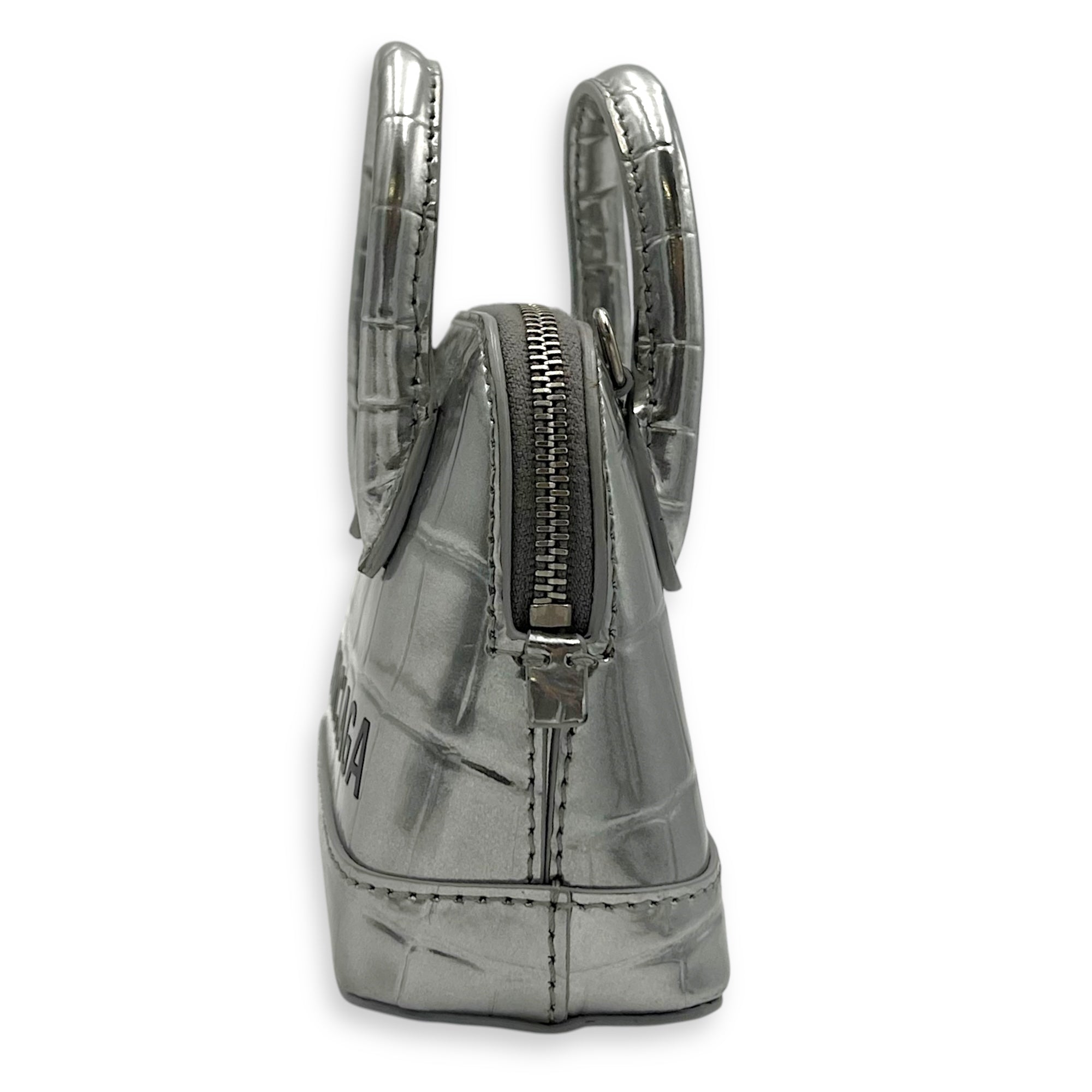 Balenciaga Ville Micro Silver Top Handle Bag in Crocodile Embossed Calfskin, Silver hardware_3