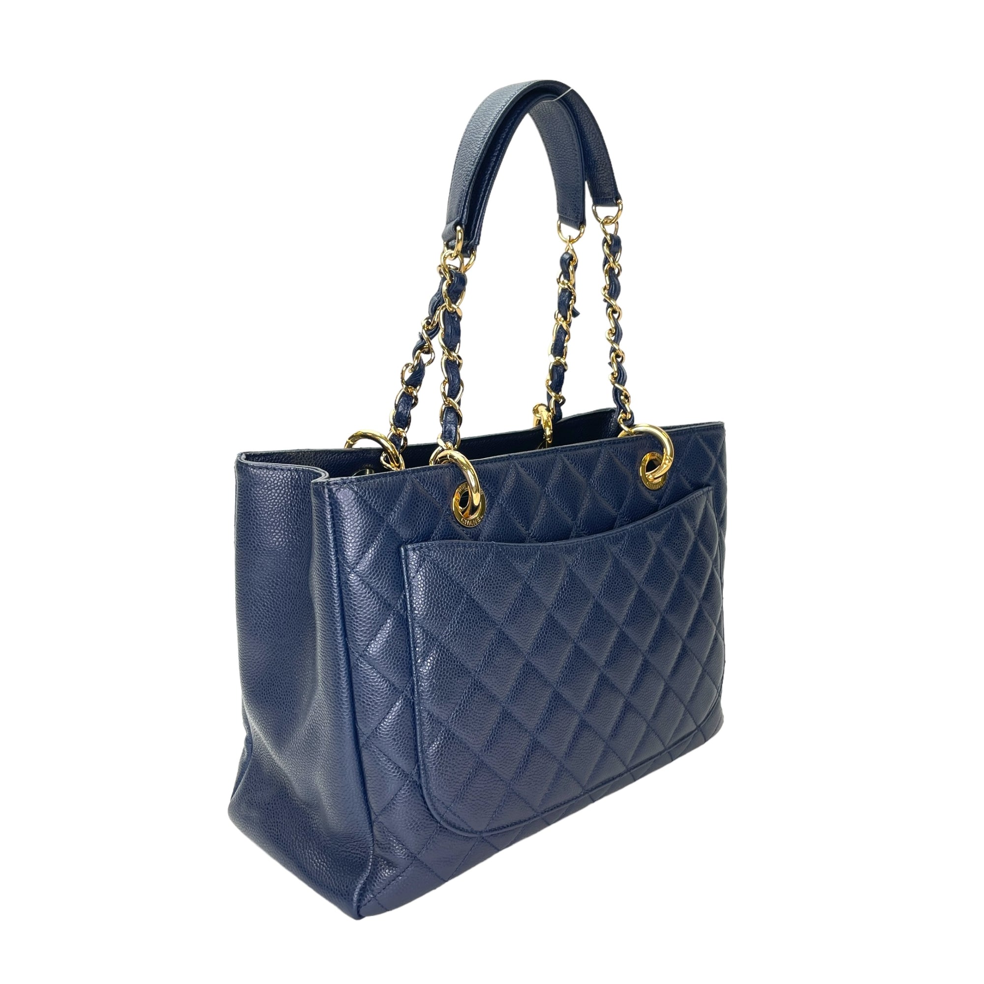GST Medium Blue Tote Bag in Caviar Leather, Gold hardware