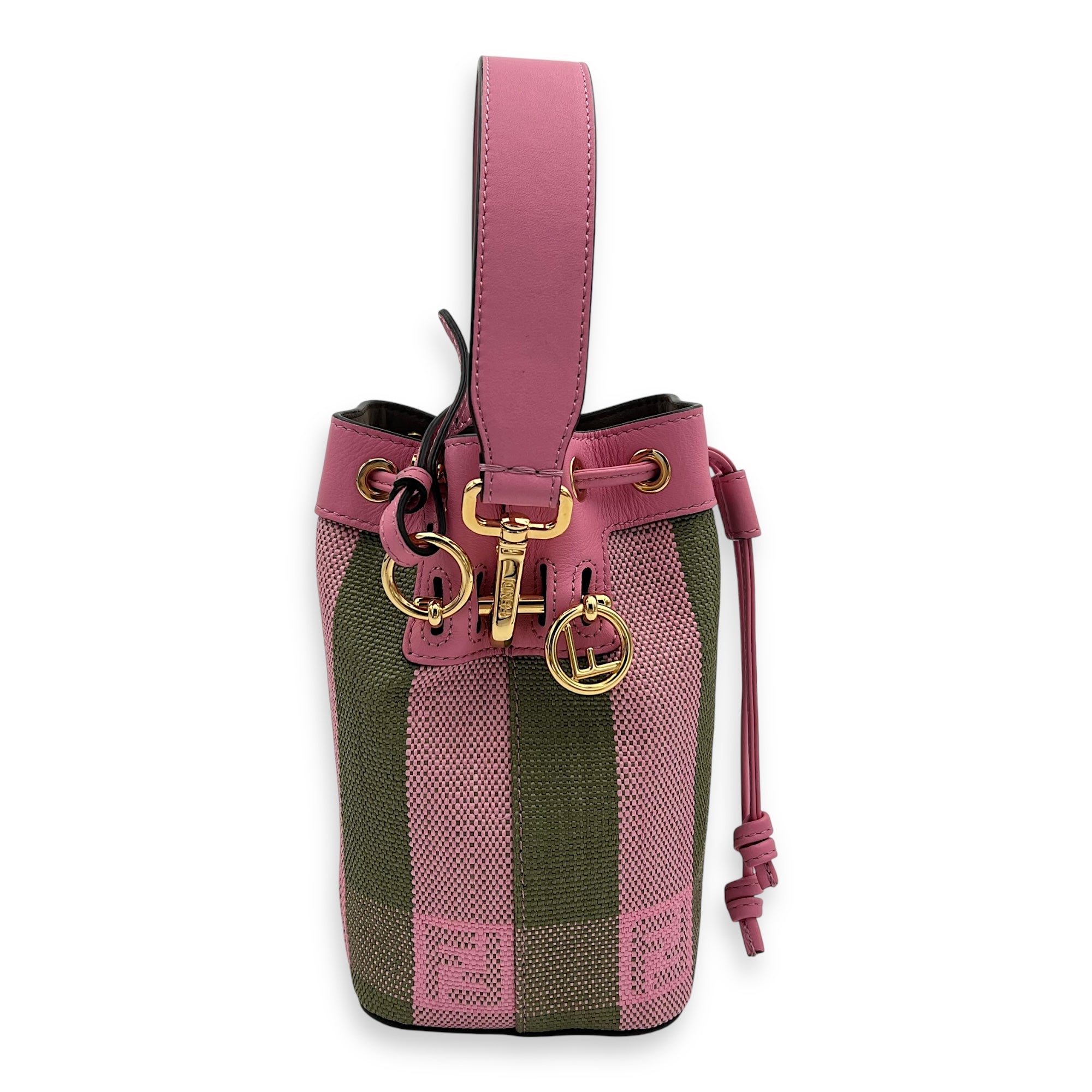 Fendi Mon Tresor Mini Pink Bucket Bag in Raffia, Gold hardware_6