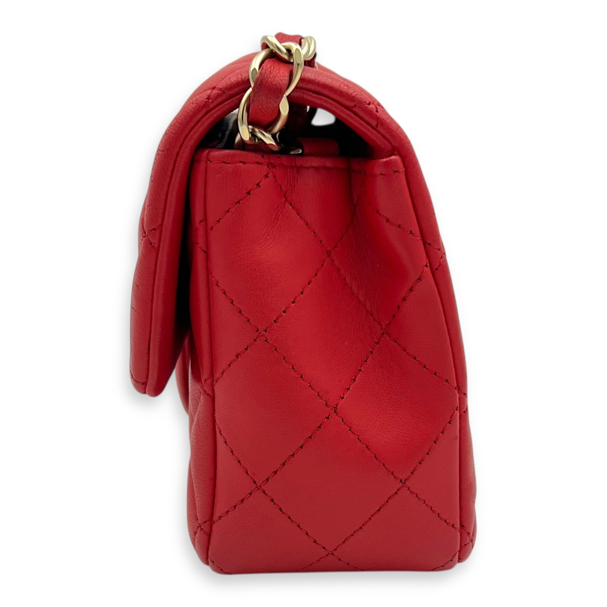 Chanel CC Rectangle  Shoulder Bag Red in Lambskin, Gold hardware_11