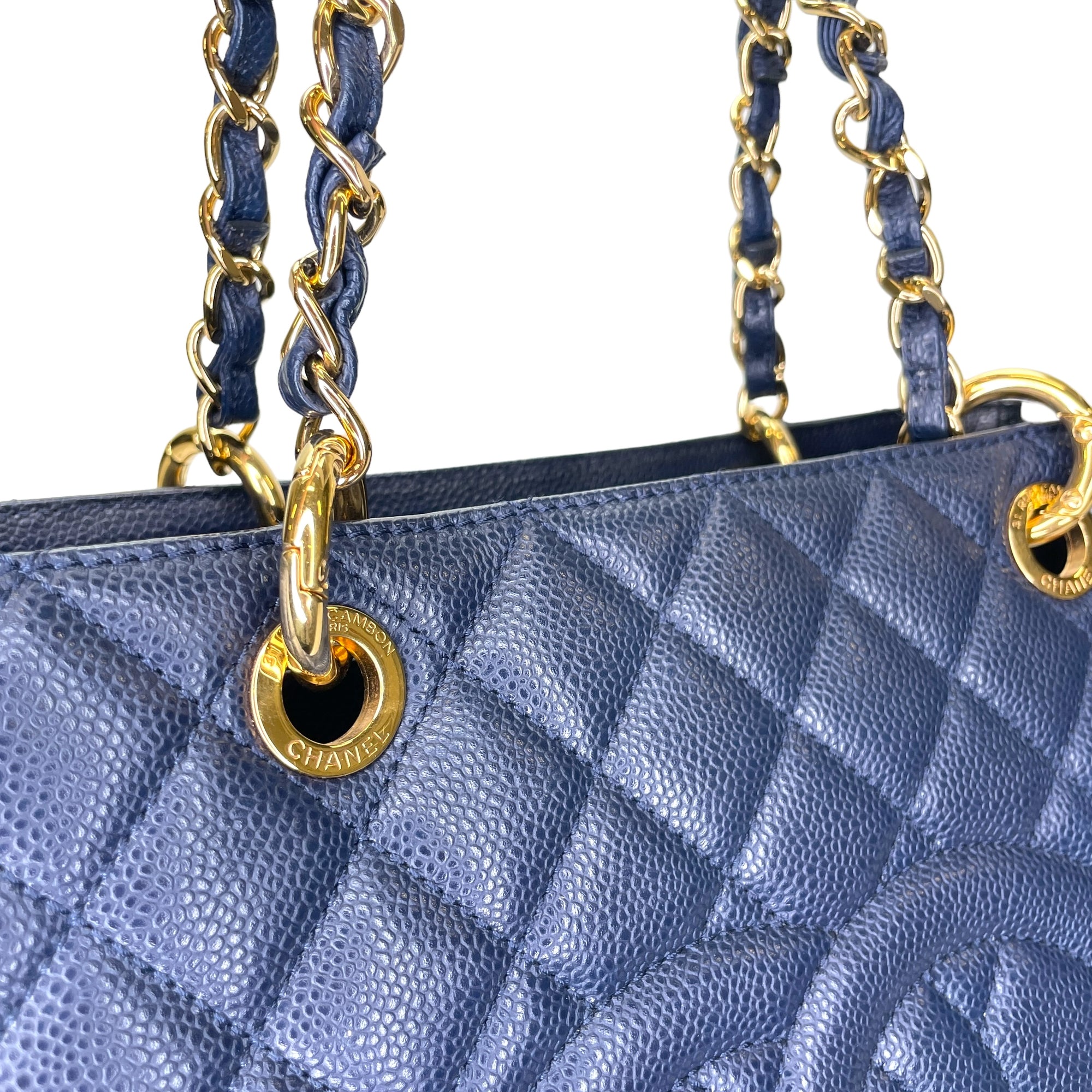 GST Medium Blue Tote Bag in Caviar Leather, Gold hardware
