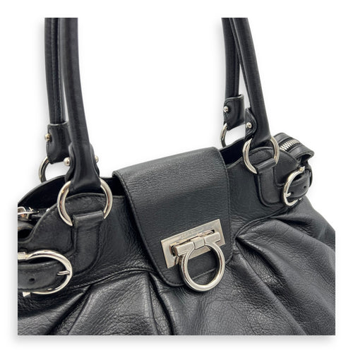 Salvatore Ferragamo Gancini Tote Bag Black in Calfskin, Silver hardware_6