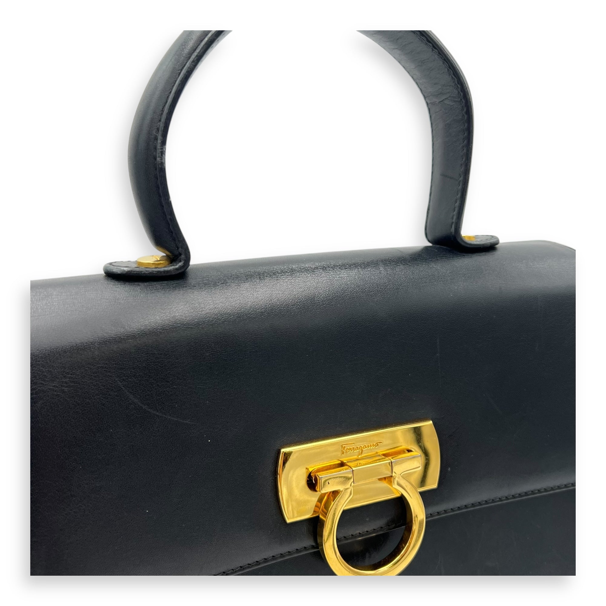 Salvatore Ferragamo Gancini Top Handle Bag Black in Calfskin, Gold hardware_6