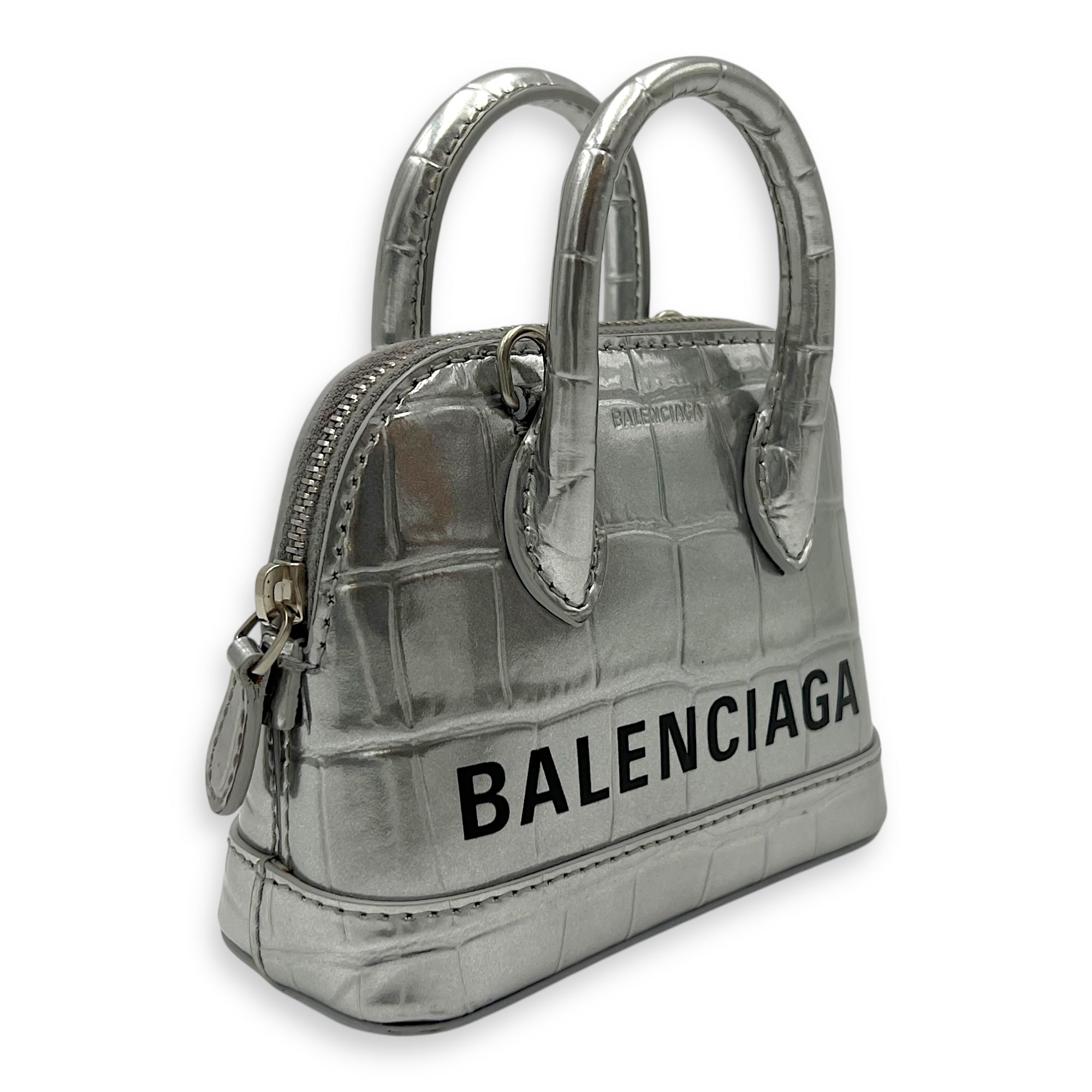 Balenciaga Ville Micro Silver Top Handle Bag in Crocodile Embossed Calfskin, Silver hardware_6