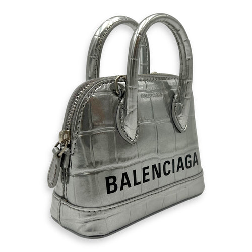 Balenciaga Ville Micro Silver Top Handle Bag in Crocodile Embossed Calfskin, Silver hardware_6