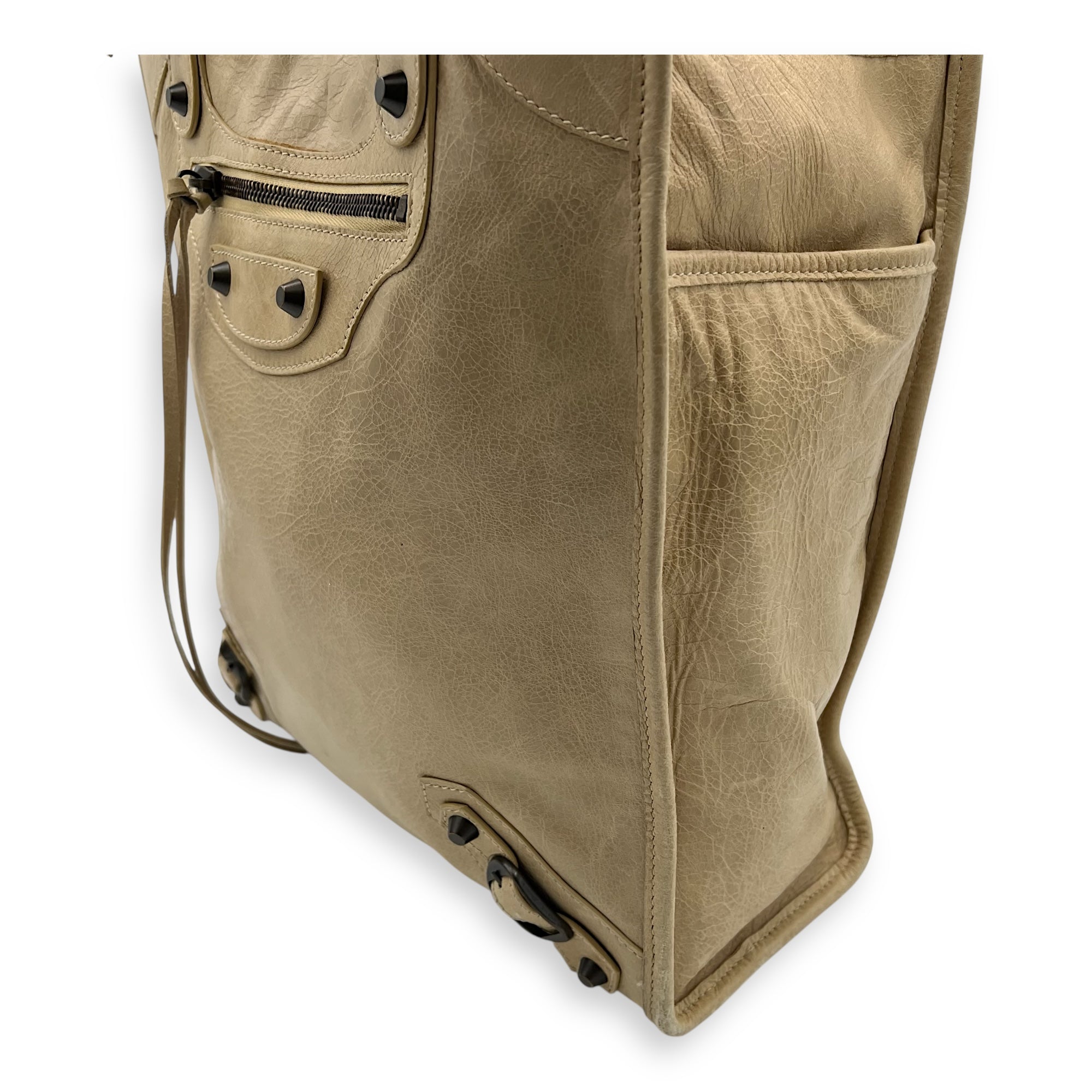 Balenciaga City Shopper Beige Tote Bag in Distressed Leather, Gunmetal hardware_14