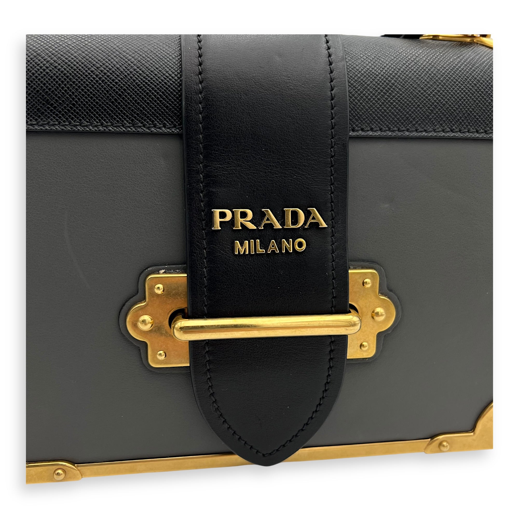 Prada Cahier Crossbody Bag Grey in Calfskin, Gold hardware_8