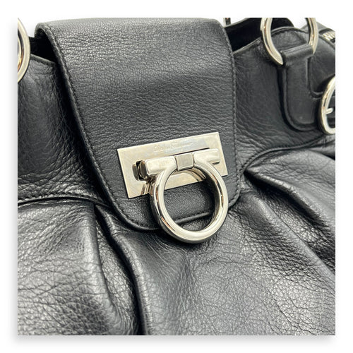 Salvatore Ferragamo Gancini Tote Bag Black in Calfskin, Silver hardware_7