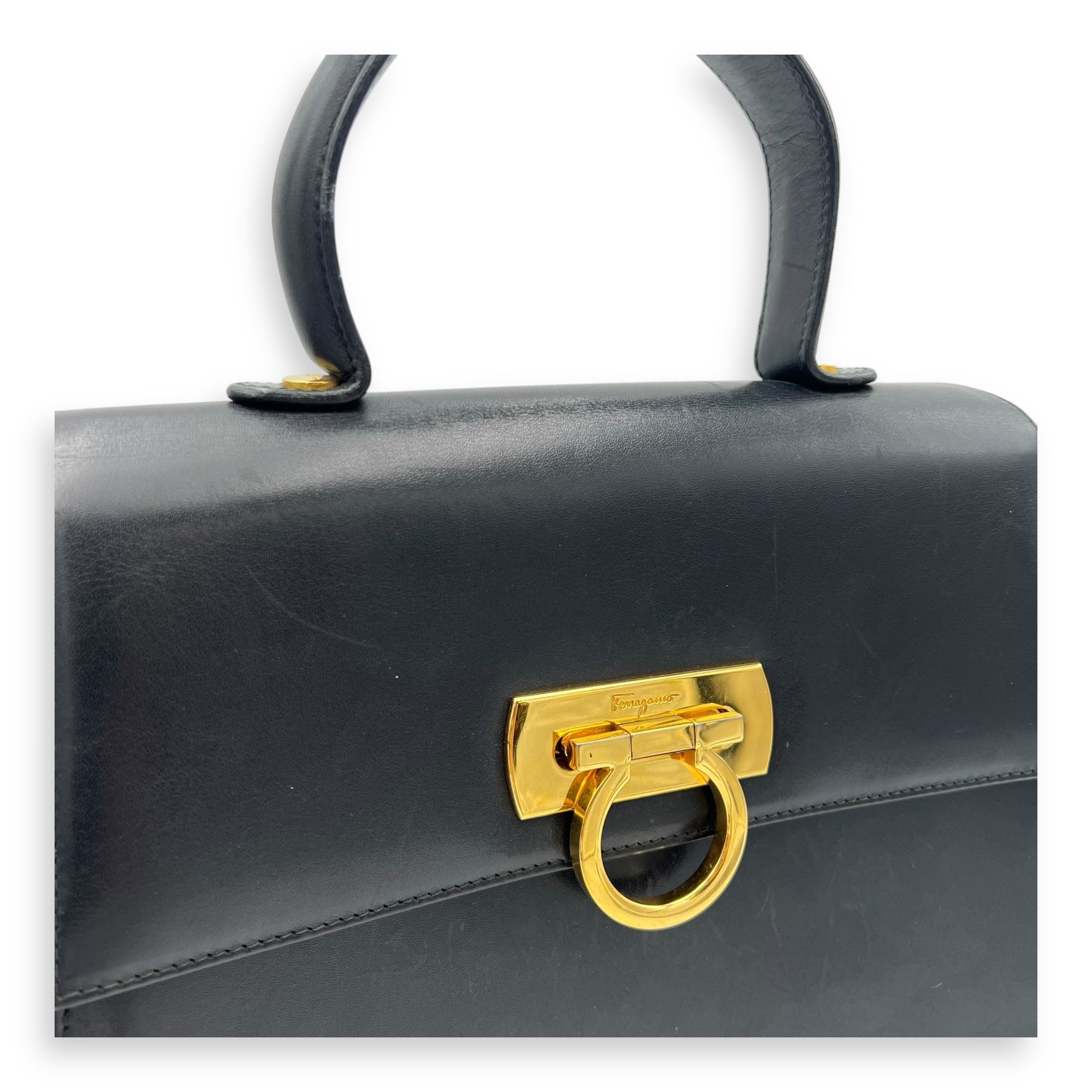 Salvatore Ferragamo Gancini Top Handle Bag Black in Calfskin, Gold hardware_7