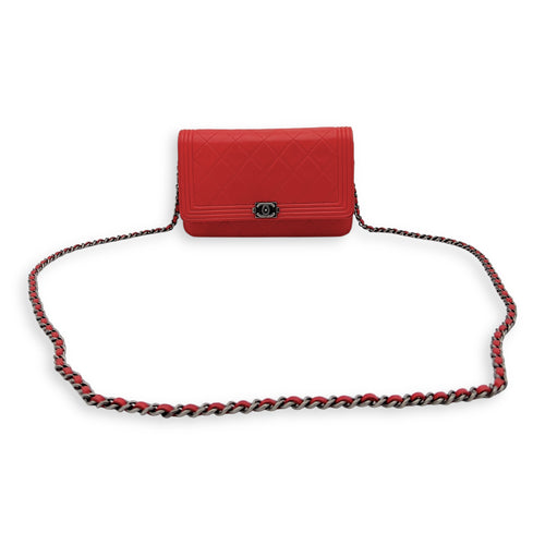 Chanel Boy Wallet On Chain Red in Calfskin, Ruthenium hardware_9