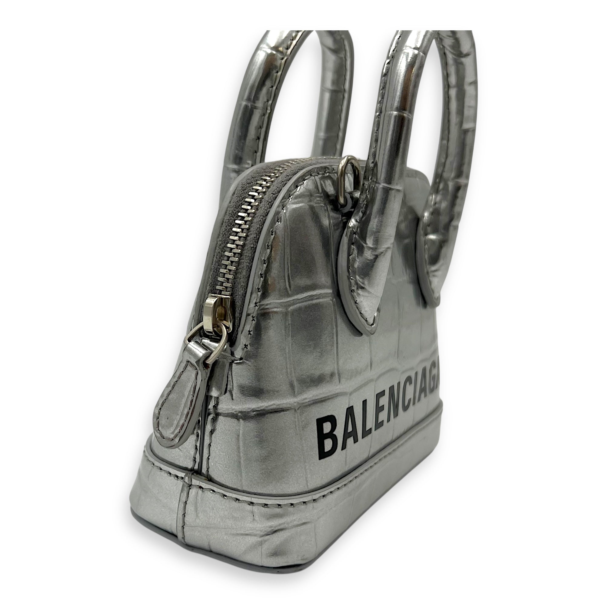 Balenciaga Ville Micro Silver Top Handle Bag in Crocodile Embossed Calfskin, Silver hardware_7