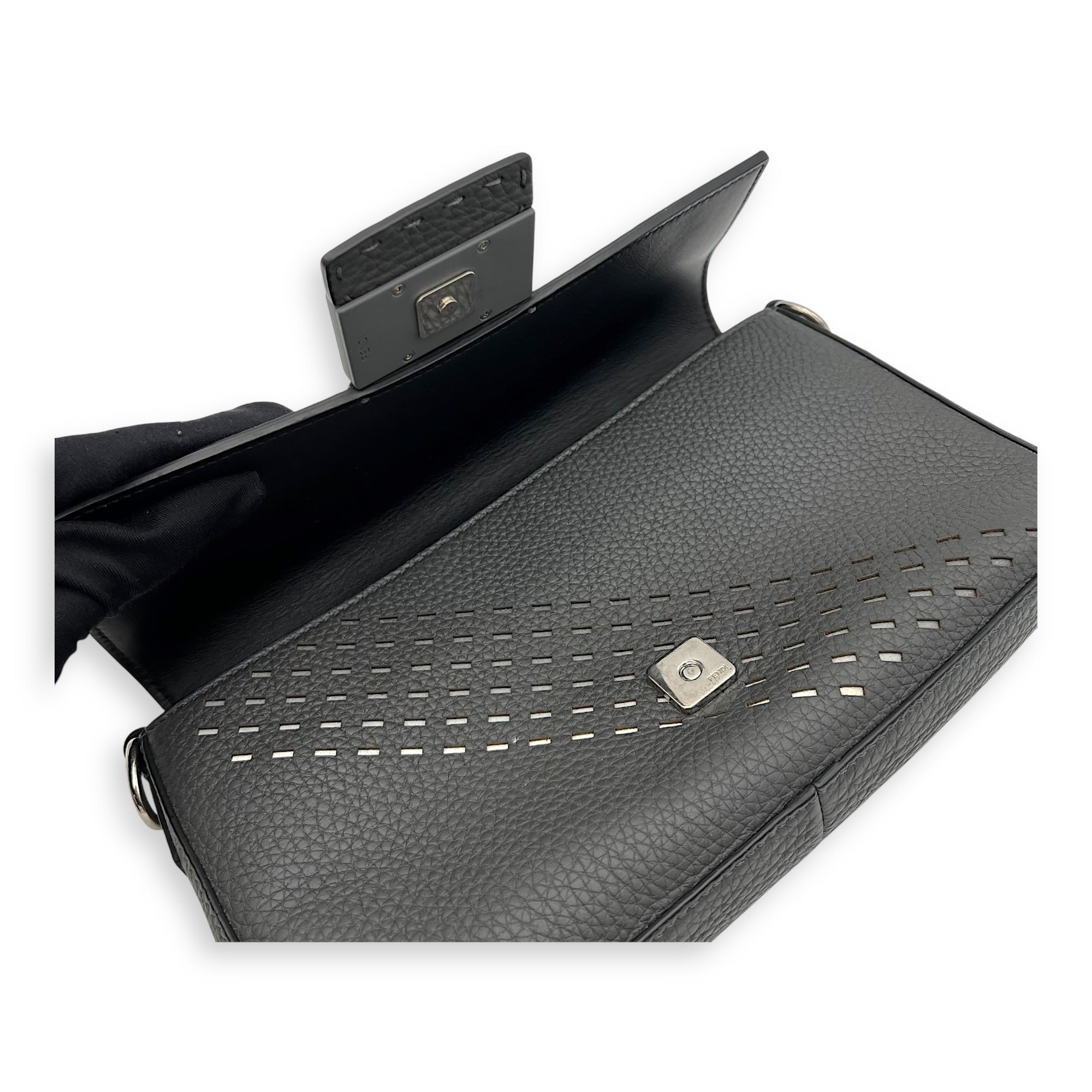 Fendi Baguette Crossbody Bag Grey in Calfskin, Silver hardware_7