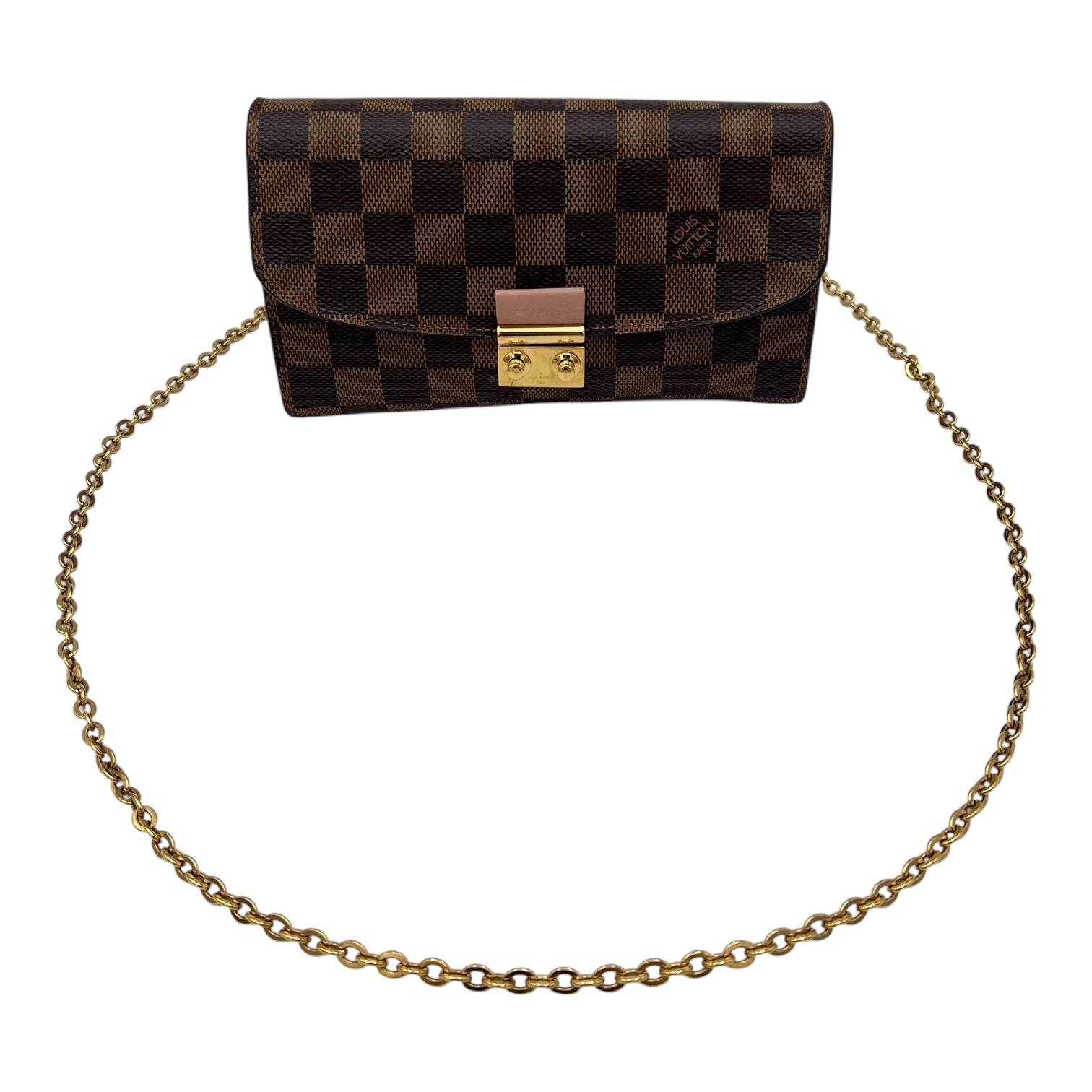 Louis Vuitton Croisette Wallet On Chain Damier Ebene in Coated Canvas, Gold hardware_11