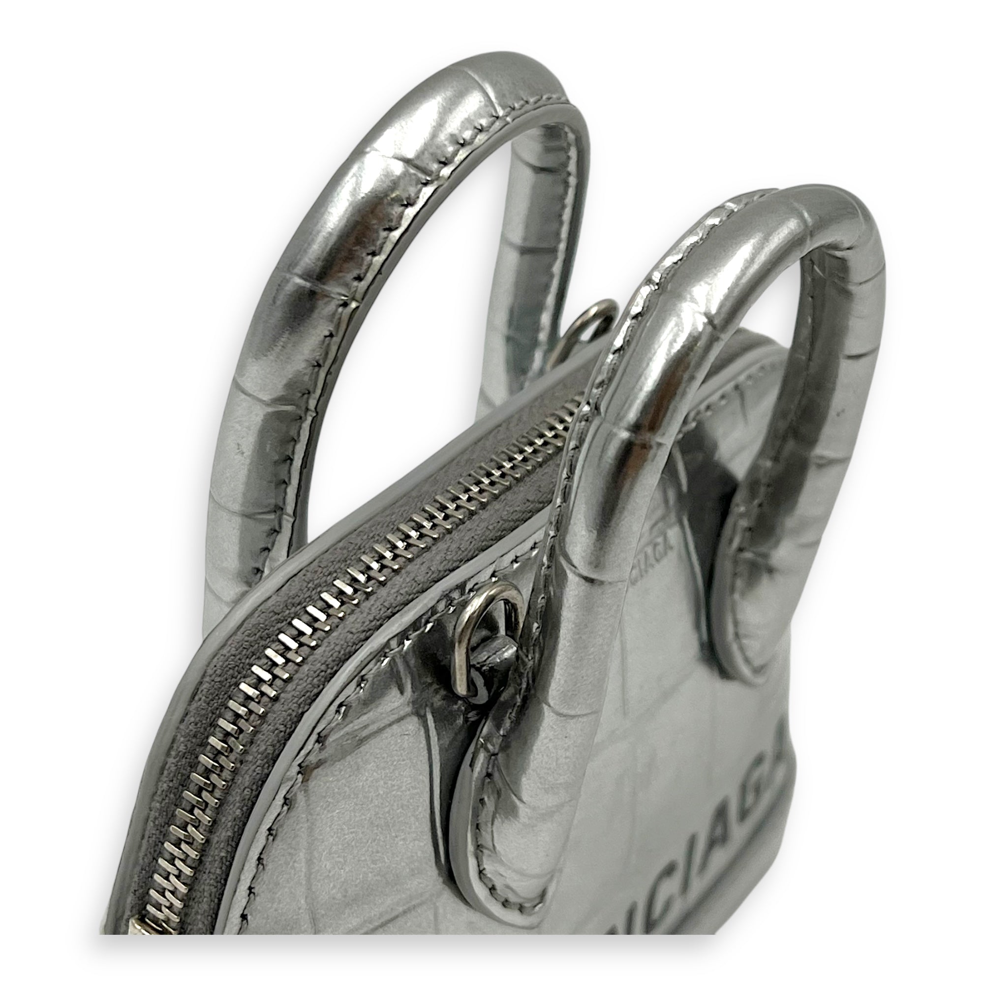Balenciaga Ville Micro Silver Top Handle Bag in Crocodile Embossed Calfskin, Silver hardware_8