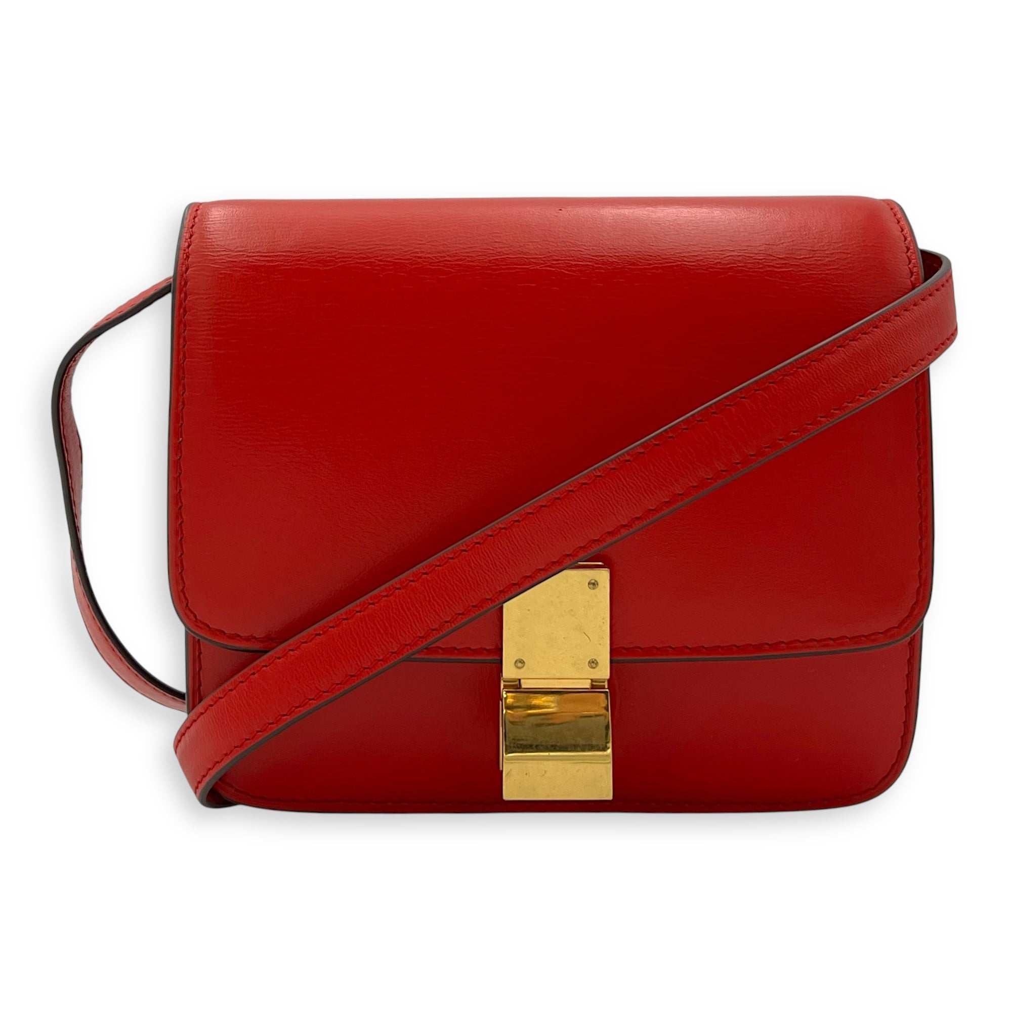 Celine Box Small Red Crossbody Bag in Calfskin, Gold hardware_9
