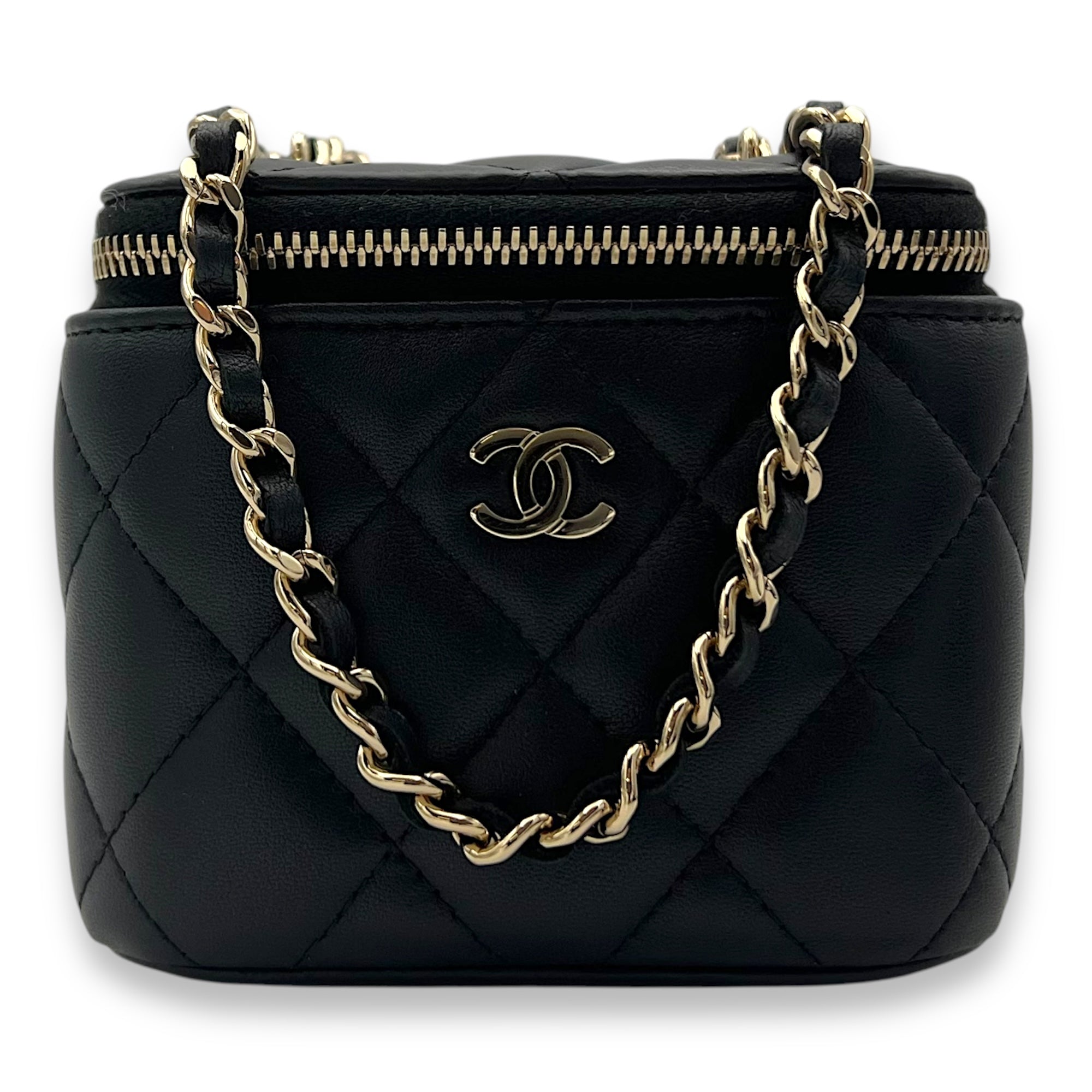 Chanel Vanity Crossbody Bag Black in Lambskin, Gold hardware_10