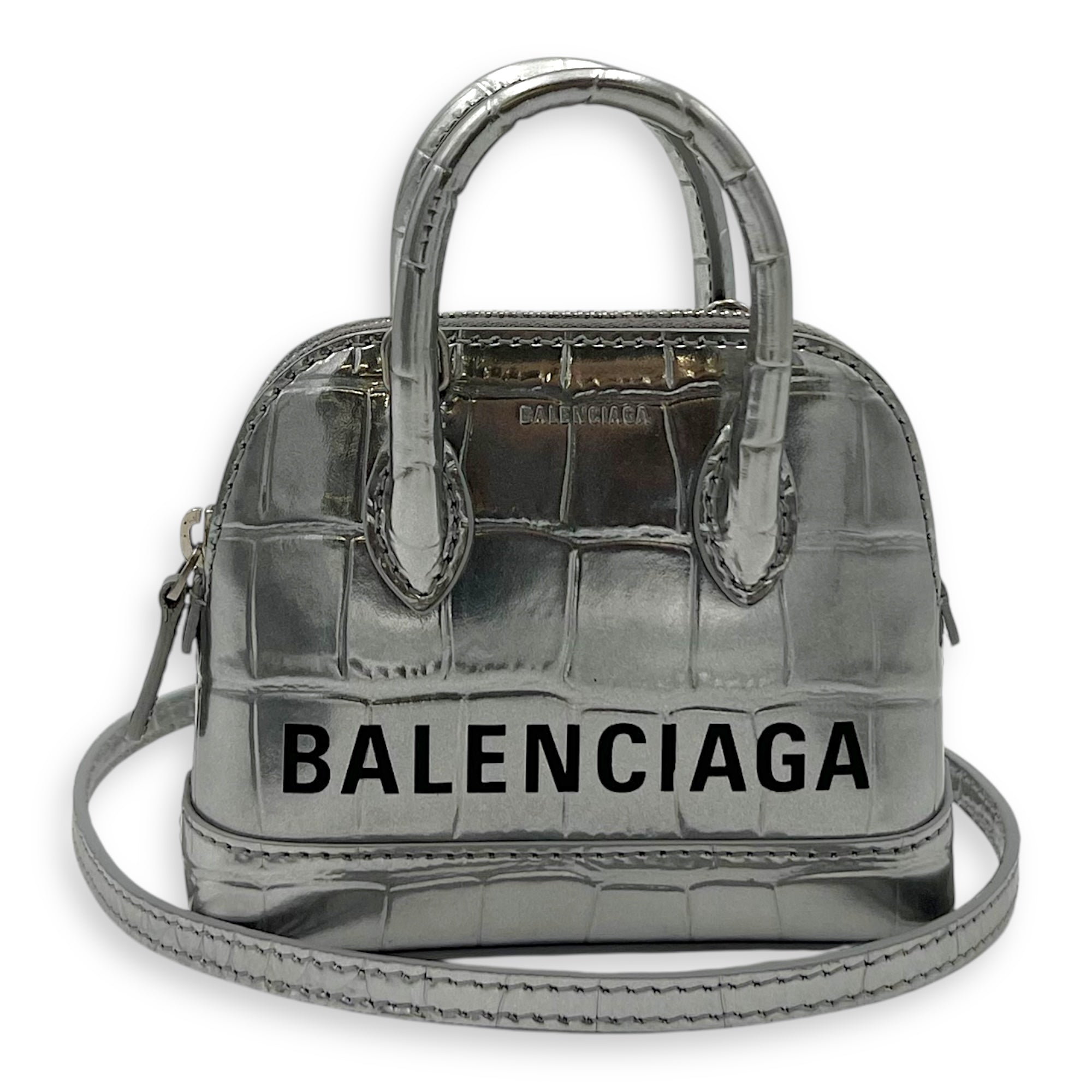 Balenciaga Ville Micro Silver Top Handle Bag in Crocodile Embossed Calfskin, Silver hardware_10
