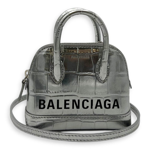 Balenciaga Ville Micro Silver Top Handle Bag in Crocodile Embossed Calfskin, Silver hardware_10