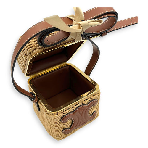 Celine Triomphe Box Shoulder Bag Brown in Rattan, Gold hardware_10